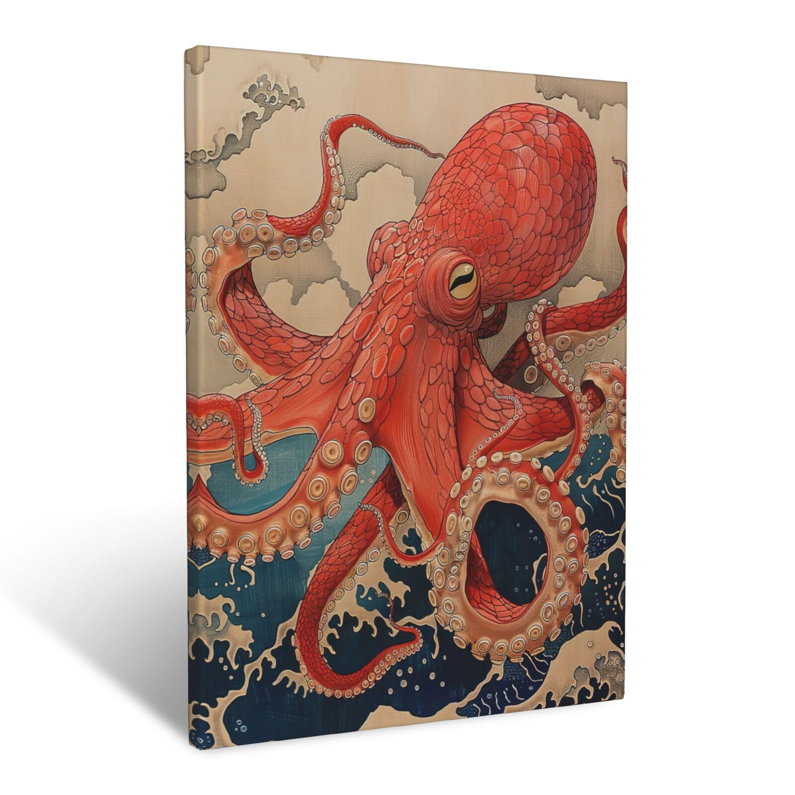 Octopus Canvas Wall Decor Japanese Ocean Wave Framed Art Prints for Man Women Boys Girls Teens,Asian Nautical Pictures Japan Coastal Painting for Home