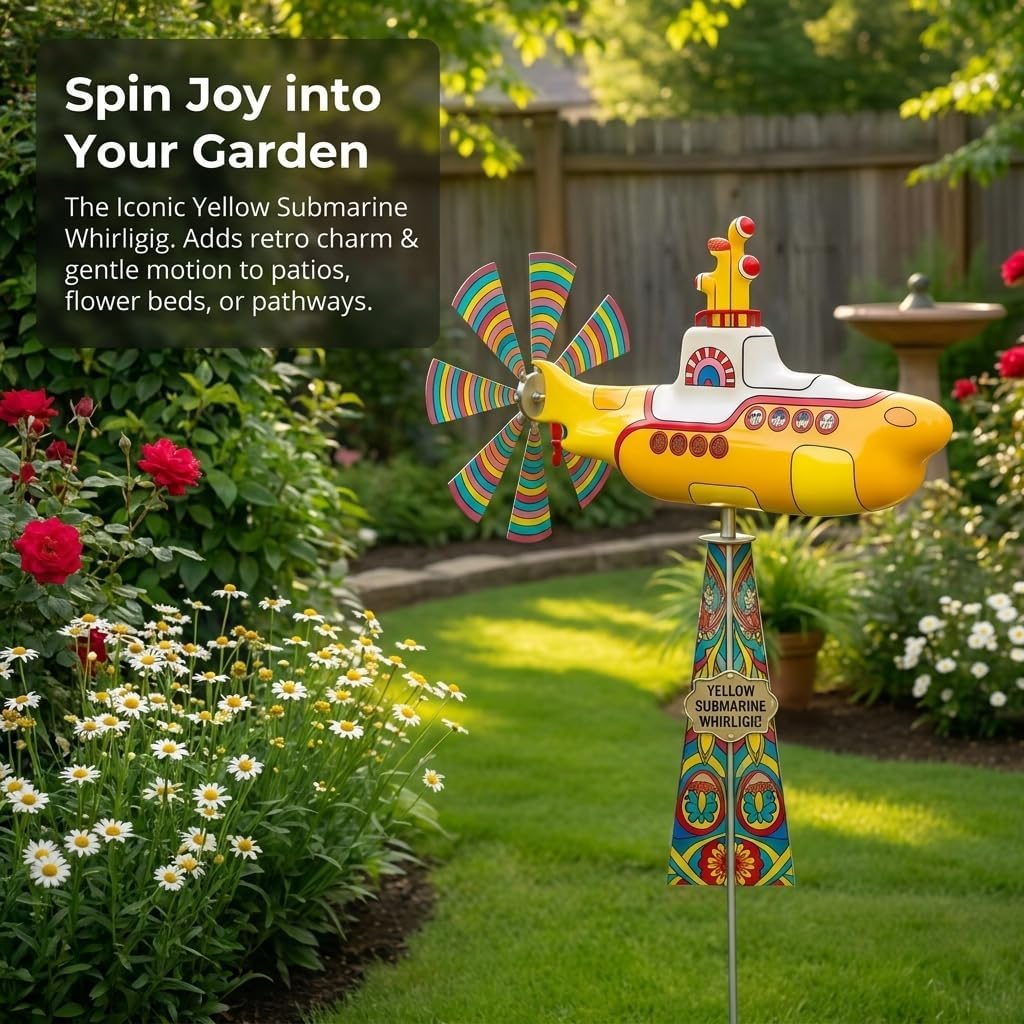 Yellow Submarine Wind Spinner, Kinetic Metal Rotating Yard Art, Outdoor Garden Decor for Patio Lawn, UV-Resistant Non-Fading Submarine Windmill Sculptures