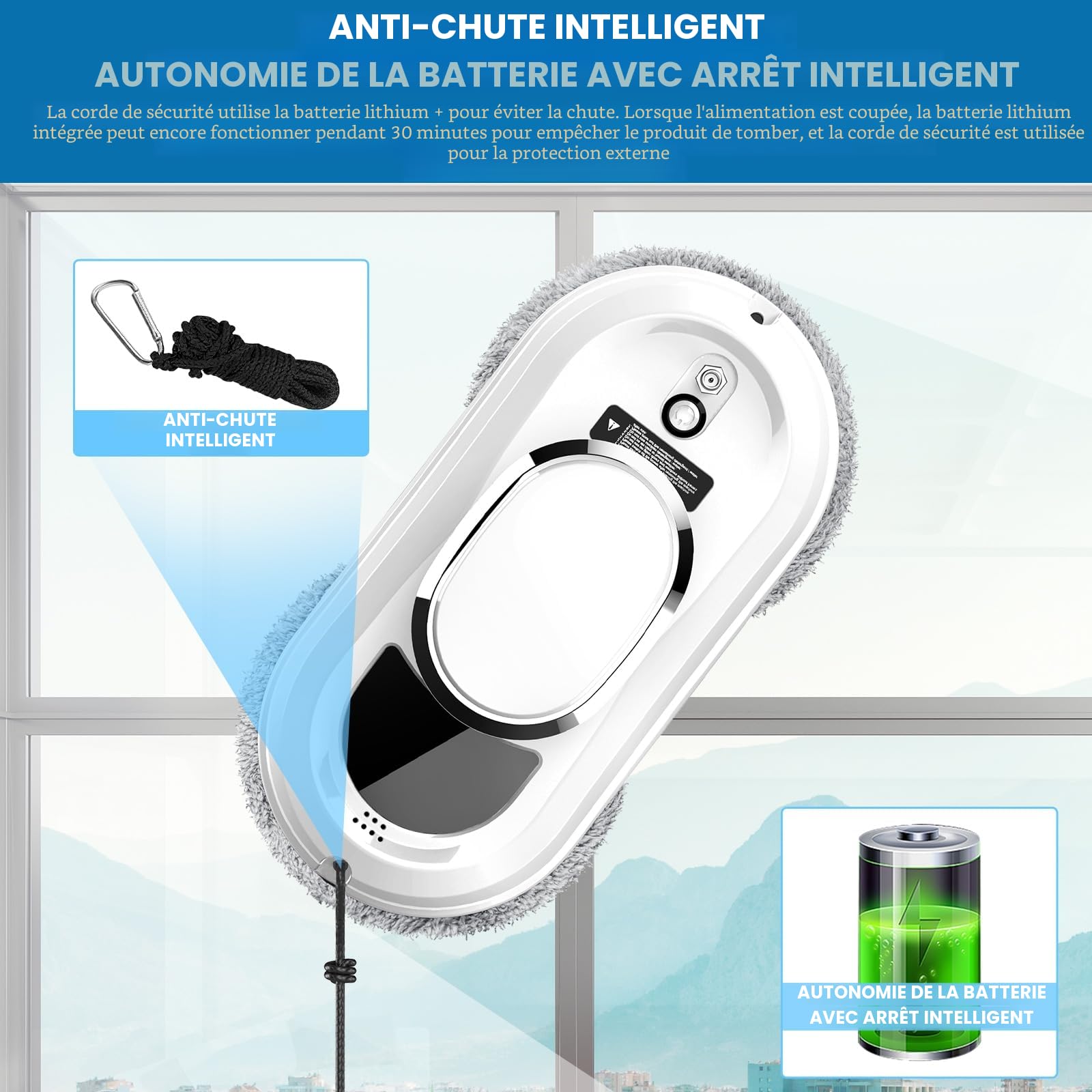Robot Nettoyeur Vitre, 5600Pa Robot Laveur de Vitre Automatique avec Pulvérisation d'eau, Lave Vitre Automatique avec 3 Modes de Nettoyage, Navigation Intelligente et Système de Protection