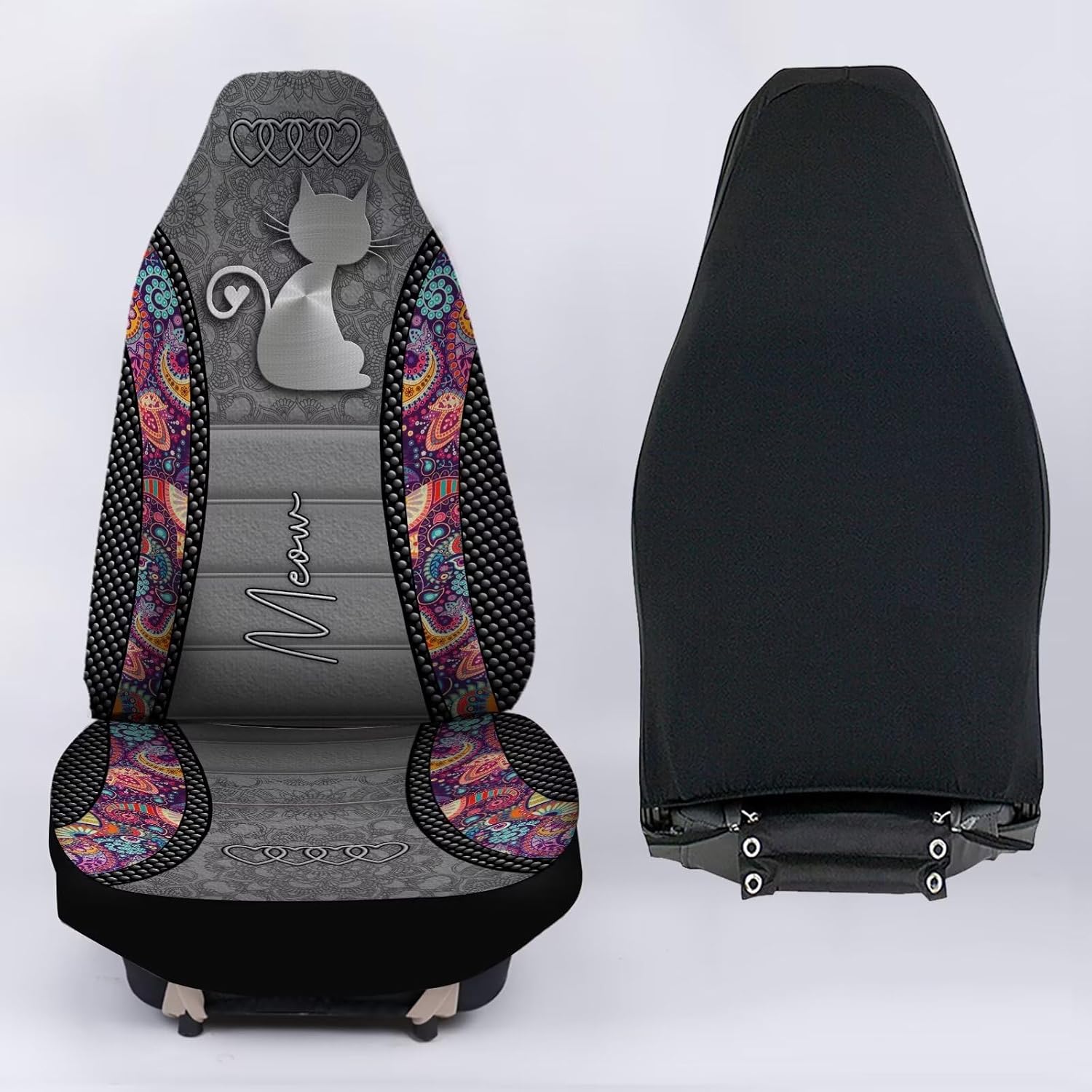 Boho Floral & Cartoon Kitty Printed Car Seat Cover Only for Front, 2-Piece Waterproof Soft Vehicle Bucket Seat Protetors Fits for Car SUV Sedan Truck