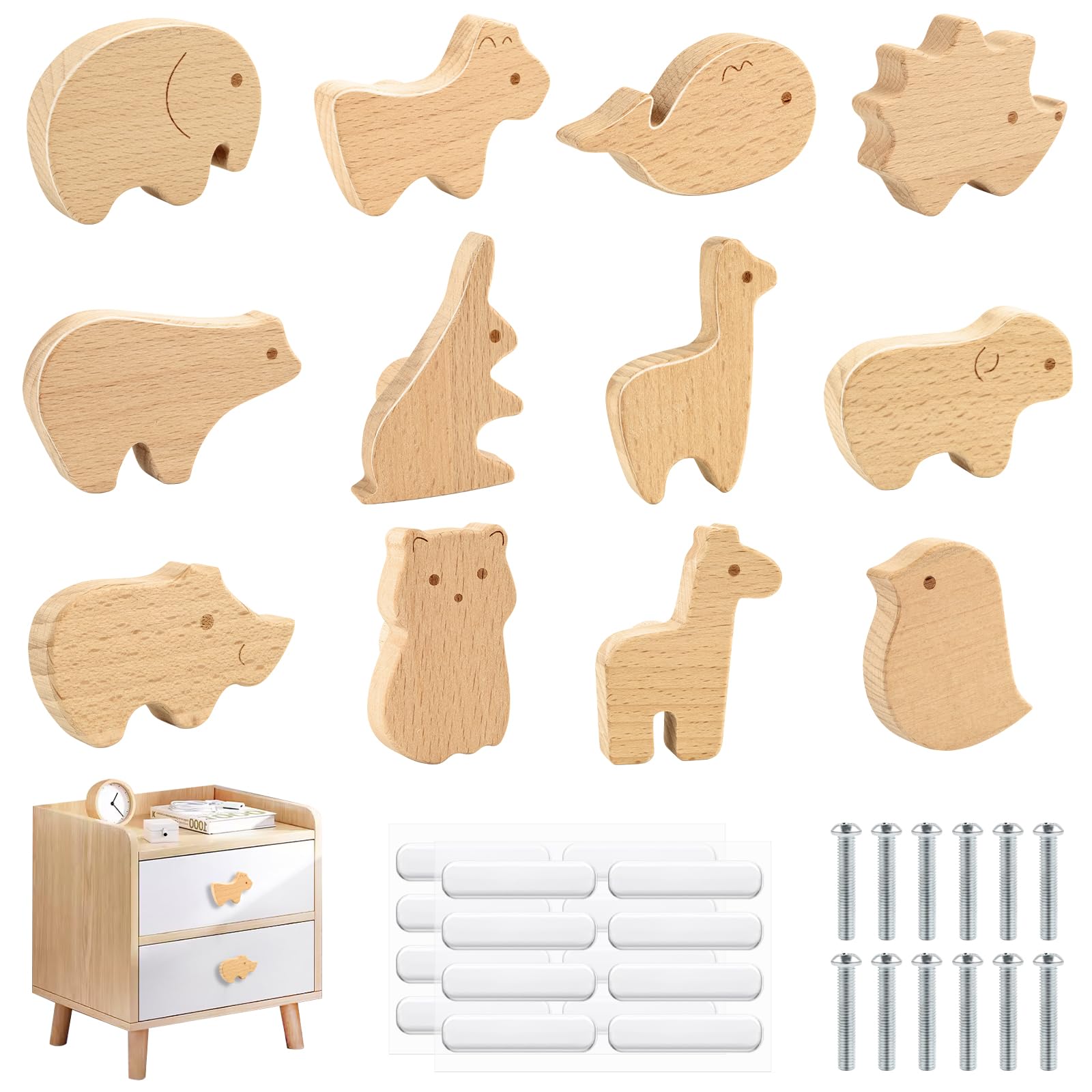 Pomelli per Mobili Bambini, 12 Pezzi Pomelli per Mobili in Legno con Animali, Pomelli per Cassetti in Legno con Viti, Pomelli per Mobili in Legno, per Guardaroba/Cassetto/Comò/Armadietto/Comodino