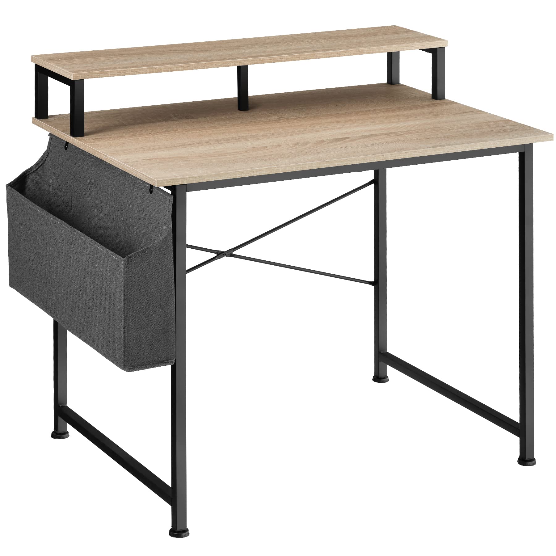 TecTake Mesa de Escritorio con Estante y Bolsa de Tela, Mueble de habitación de Estudio, mobiliario de despacho, para Oficina (120 cm, Madera Industrial Clara, Roble Sonoma)