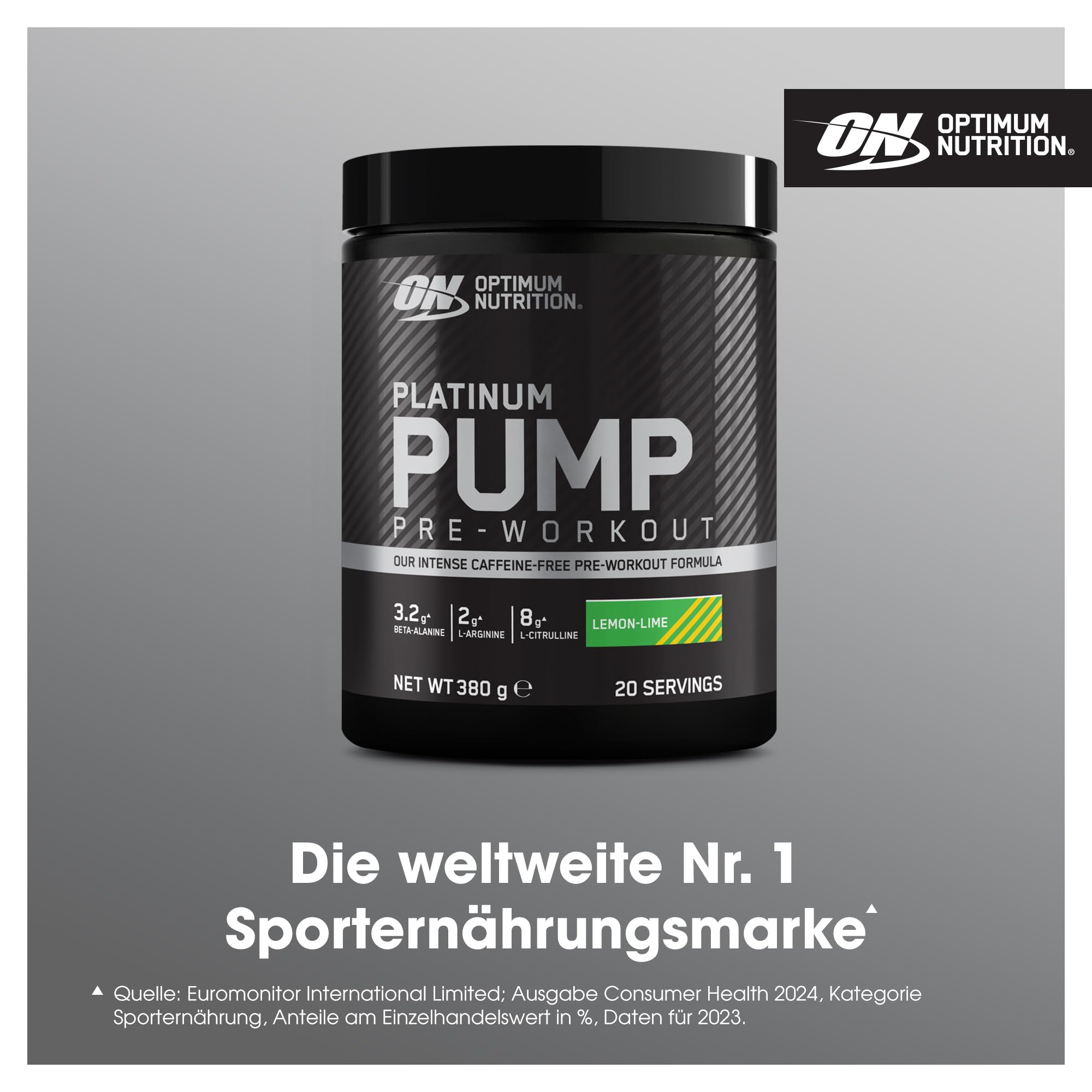 Optimum Nutrition PUMP Pre-Workout koffeinfrei, Trainingsbooster mit Beta-Alanin, L-Citrullin, L-Arginin & Fruitflow, Limette Geschmack, 20 Portionen, 380 g