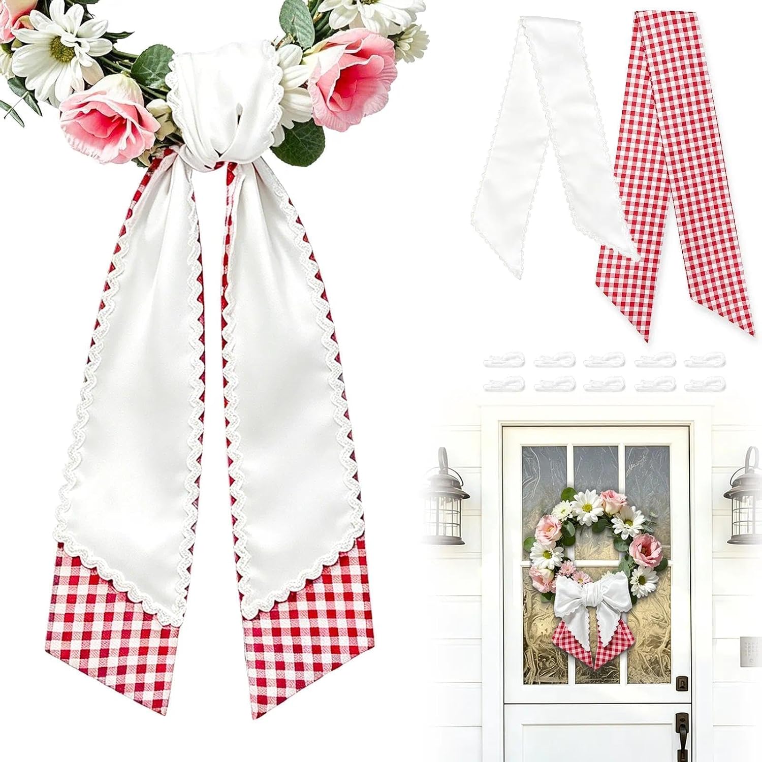 2Pcs Wreath Sash for Front Door, Layered Gingham & RIC Rac Sashes | White and Red Plaid, Detachable Sashes, Embroidery Fabric, 10 Fixing Clips, for Wedding, Christmas, Indoor Outdoor Home Decor