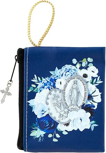 Needzo - Bolsa de rosario milagroso floral azul para mujer, joyero con cremallera para viajes y sobre la marcha, 2.75 x 3.5 pulgadas