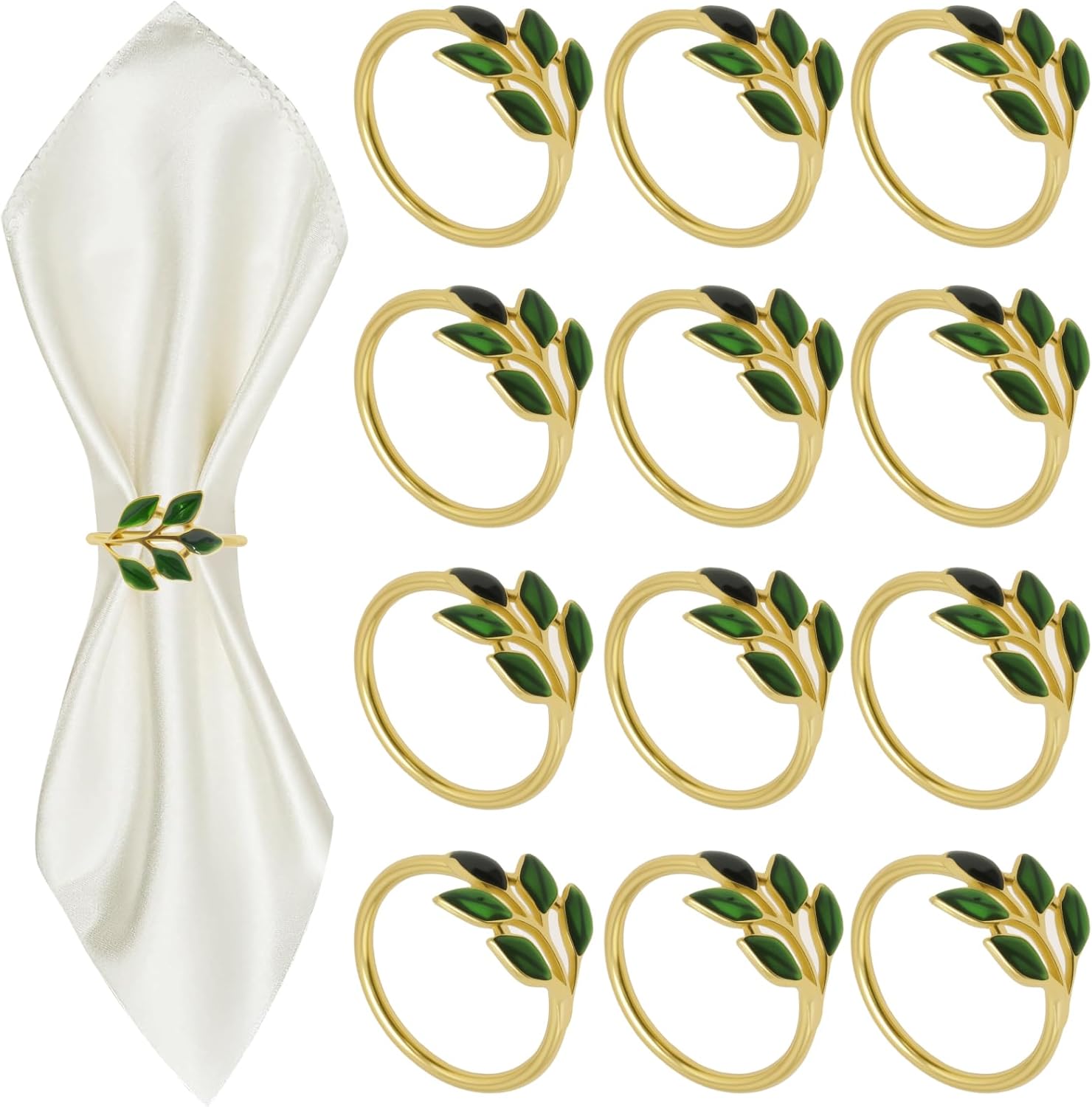 12 Pcs Thanksgiving Napkin Rings, Elegant Gold Leaf Design Napkin Holders for Christmas, Weddings & Special Occasions, Ideal for Festive Dinners and Everyday Use (Green)