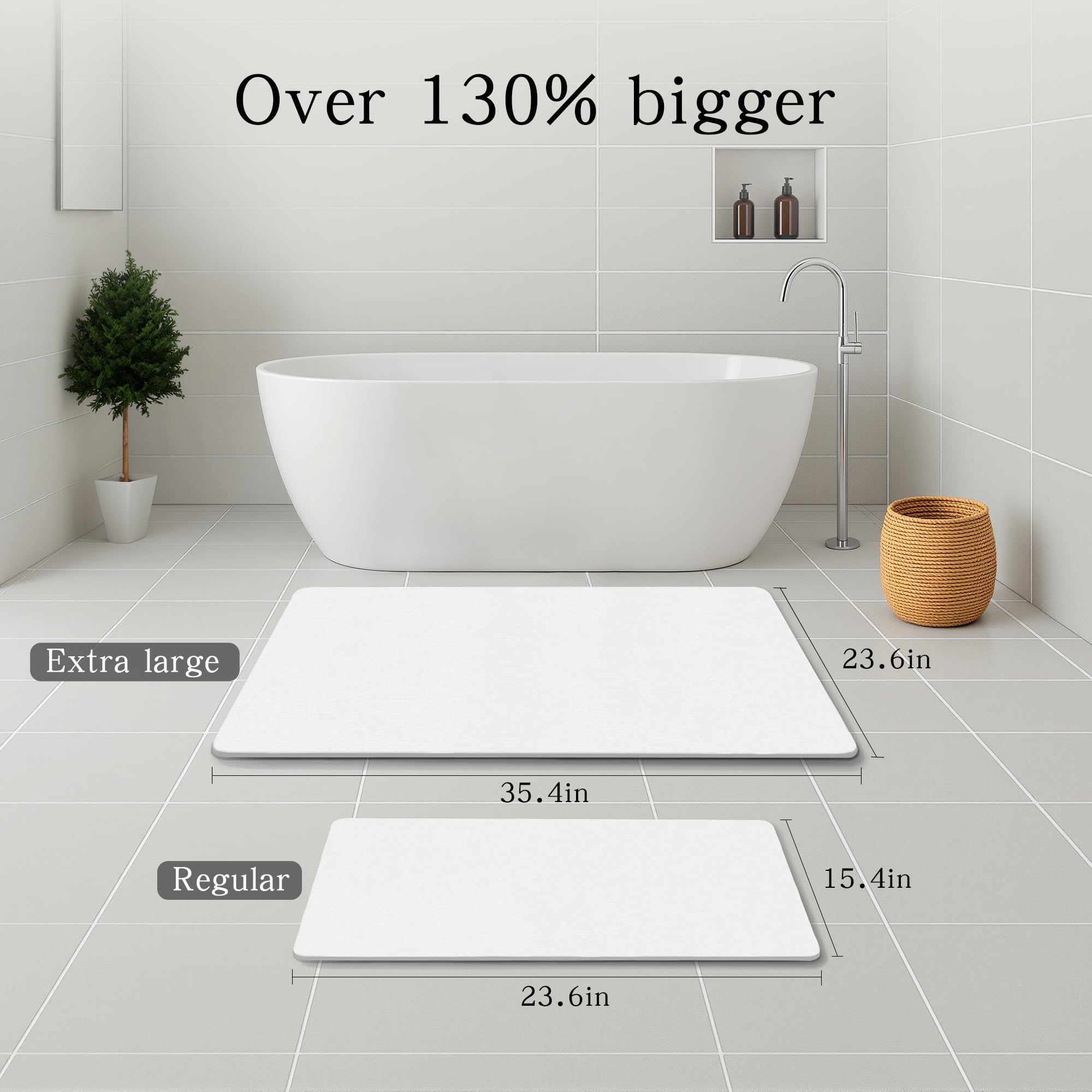 THMINS Tappetino da Bagno in Pietra 90x60 cm, Tappeto in Diatomite Assorbente, Asciugatura Rapida, Antiscivolo, per Bagno e Doccia, Bianco