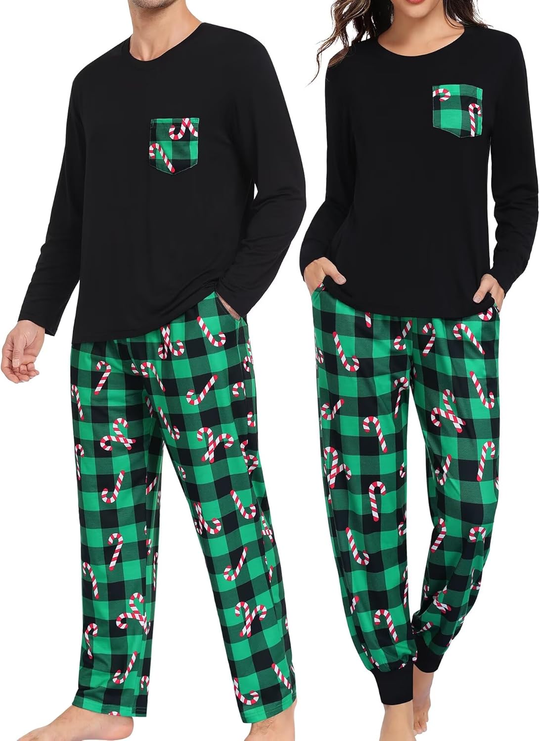 SWOMOG Adult Christmas Pajamas Buffalo Plaid Pajama Pants with Pockets Long Sleeve Tops for Couples & Family
