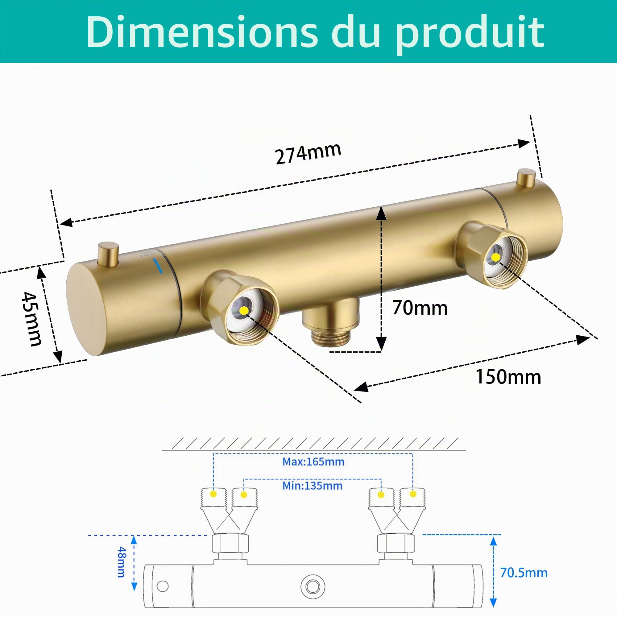 Mitigeur Douche Thermostatique Or Kit Complet, 38°C Anti-Brûlure | Apparent Mural, Set Complet Douchette 3 Jets, Flexible Douche, Porte-douchette, Verrouillage Sécurité 38°C, Entretien Facile