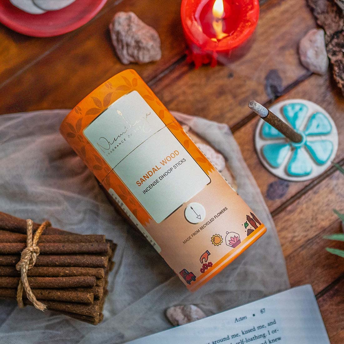 Nirmalaya 100% Natural Mysore Sandalwood Dhoop Sticks for Pooja 40 Sticks | Bamboo Less Dhoop Sticks for Home/Office | Dhup for Puja with Holder Stand | Best for Long Lasting Fragrances. Nirmalaya 100% Natural Mysore Sandalwood Dhoop Sticks for Pooja 40 Sticks | Bamboo Less Dhoop Sticks for Home/Office | Dhup for Puja with Holder Stand | Best for Long Lasting Fragrances.