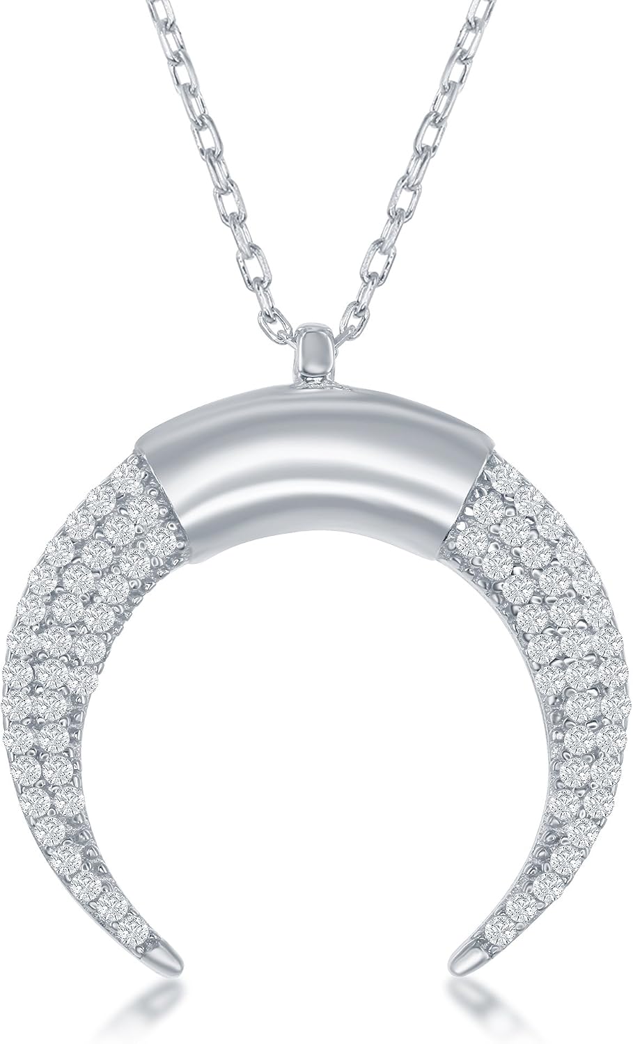 925 Sterling Silver Sparkling Zirconia Reversed Double Bull Horn Pendant 16+2" Necklace