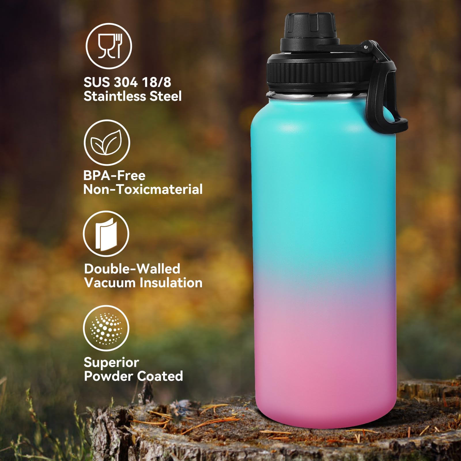 Neihepal Isolierte Wasserflasche, 18/8 Edelstahl, doppelwandig, mit Strohhalm-Deckel und Auslaufdeckel, hält warm und kalt, ideal für Fitnessstudio, Schule, Outdoor, Camping, Sport, Grün, Pink, 4