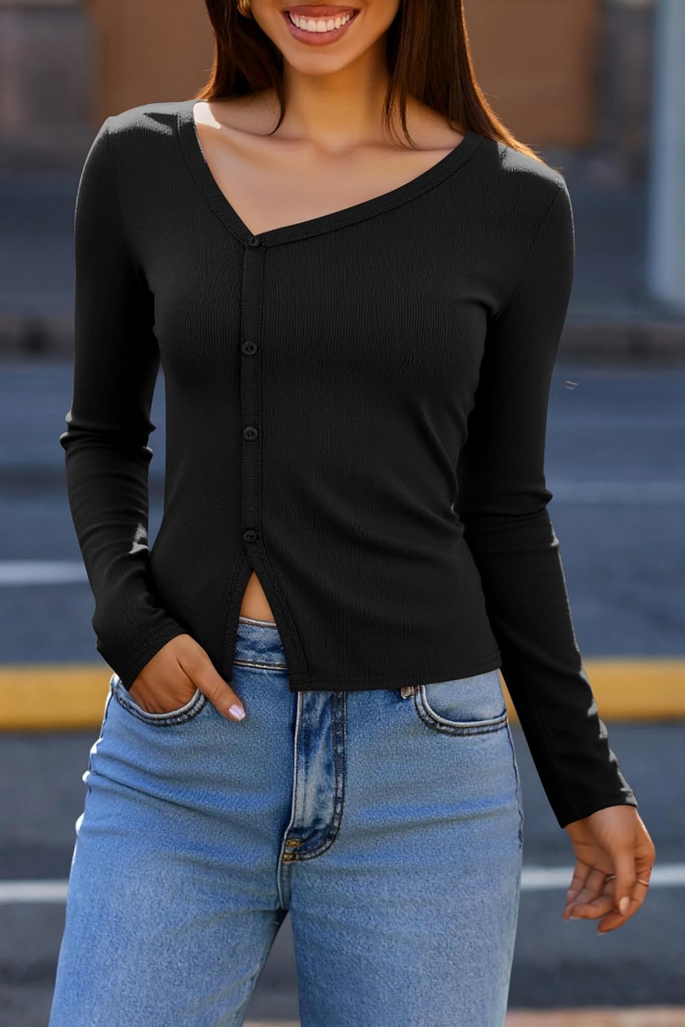 Yousify Long Sleeve Shirts for Women 2025 Fall V Neck Button Up Long Sleeve Ribbed Knit Slim Fit Going Out Tops