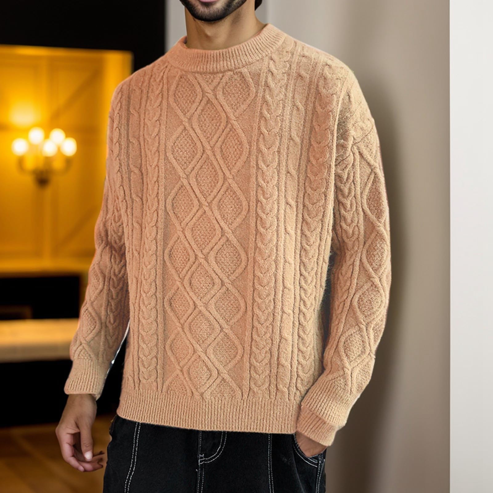 Generisch Jersey de punto fino para hombre, cuello redondo, jersey de invierno, peso pesado, capa base cálida, cuello redondo, suéter con dobladillo acanalado