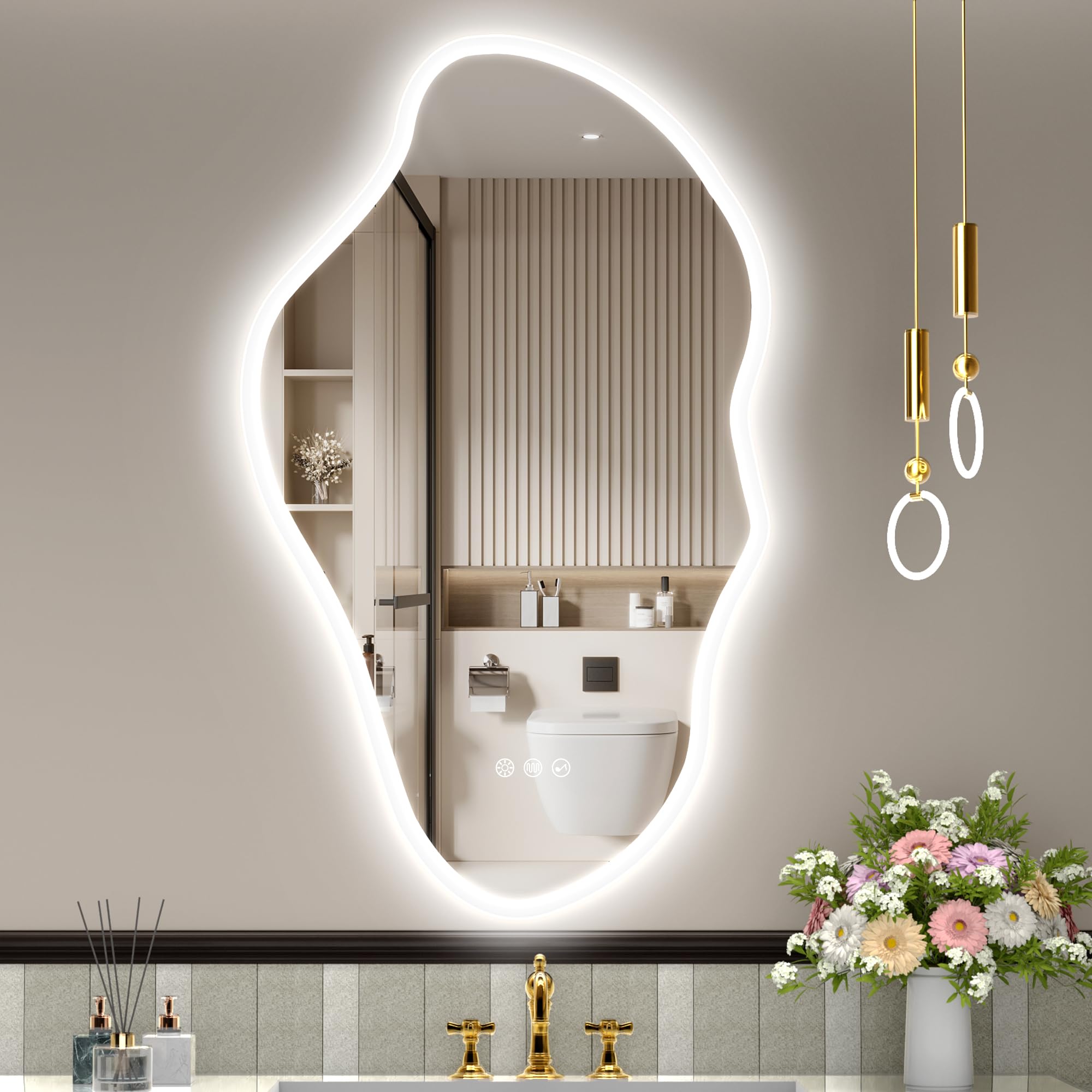 STARLEAD 100x60cm Irregolare Specchio-Bagno-con-Luce e Bluetooth, Asimmetrico Specchiera-Bagno con Dimmerabile, 3 Colori Luce, Antifog, Memoria, IP44, HD Vetro Temperato, Orizzontale/Verticale
