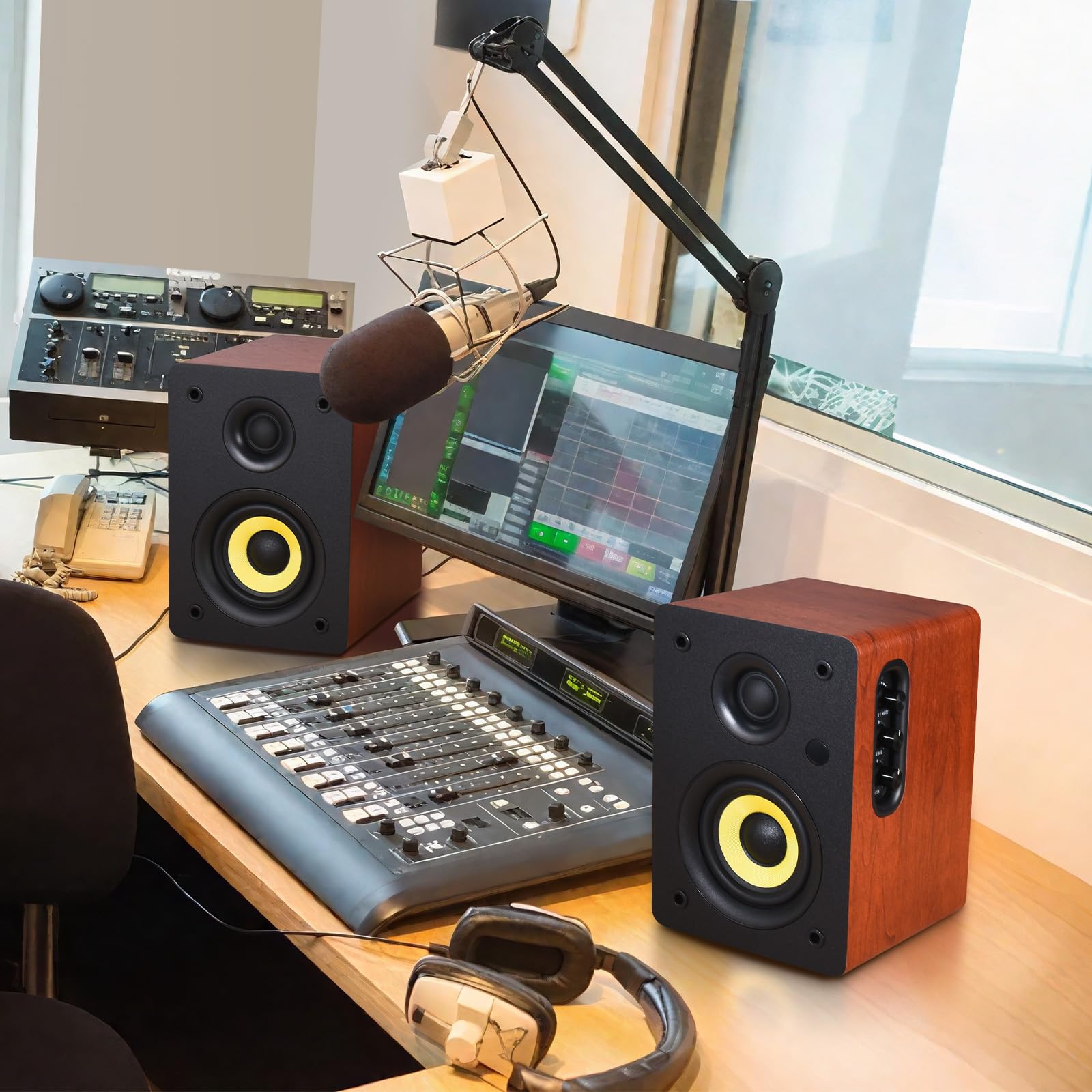Sanyun SW206 80W Enceintes bibliothèque Actives Double Mode, 4" Studio Monitor/HiFi, Champ sonore 3D amélioré, Entrée symétrique TRS 6,35mm, Bluetooth 5.4, Optique/Coaxial/Aux/USB DAC 24bits, Bois
