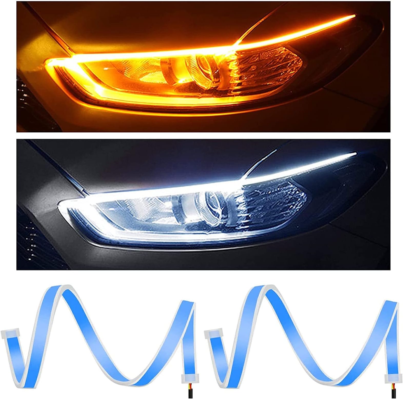 Led Light Strip 2Pcs 45cm DRL White & Amber LED Headlight Surface Strip Tube Light Daytime Running Light Waterproof Switchback Article Light