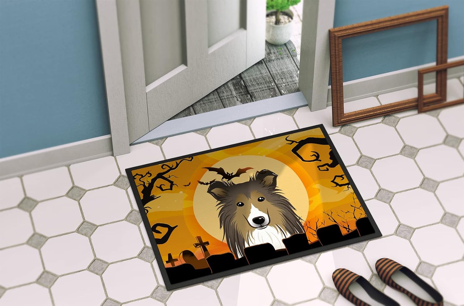 Caroline's Treasures BB1800JMAT Halloween Sheltie Doormat 24x36 Front Door Mat Indoor Outdoor Rugs for Entryway, Non Slip Washable Low Pile, 24H X 36W