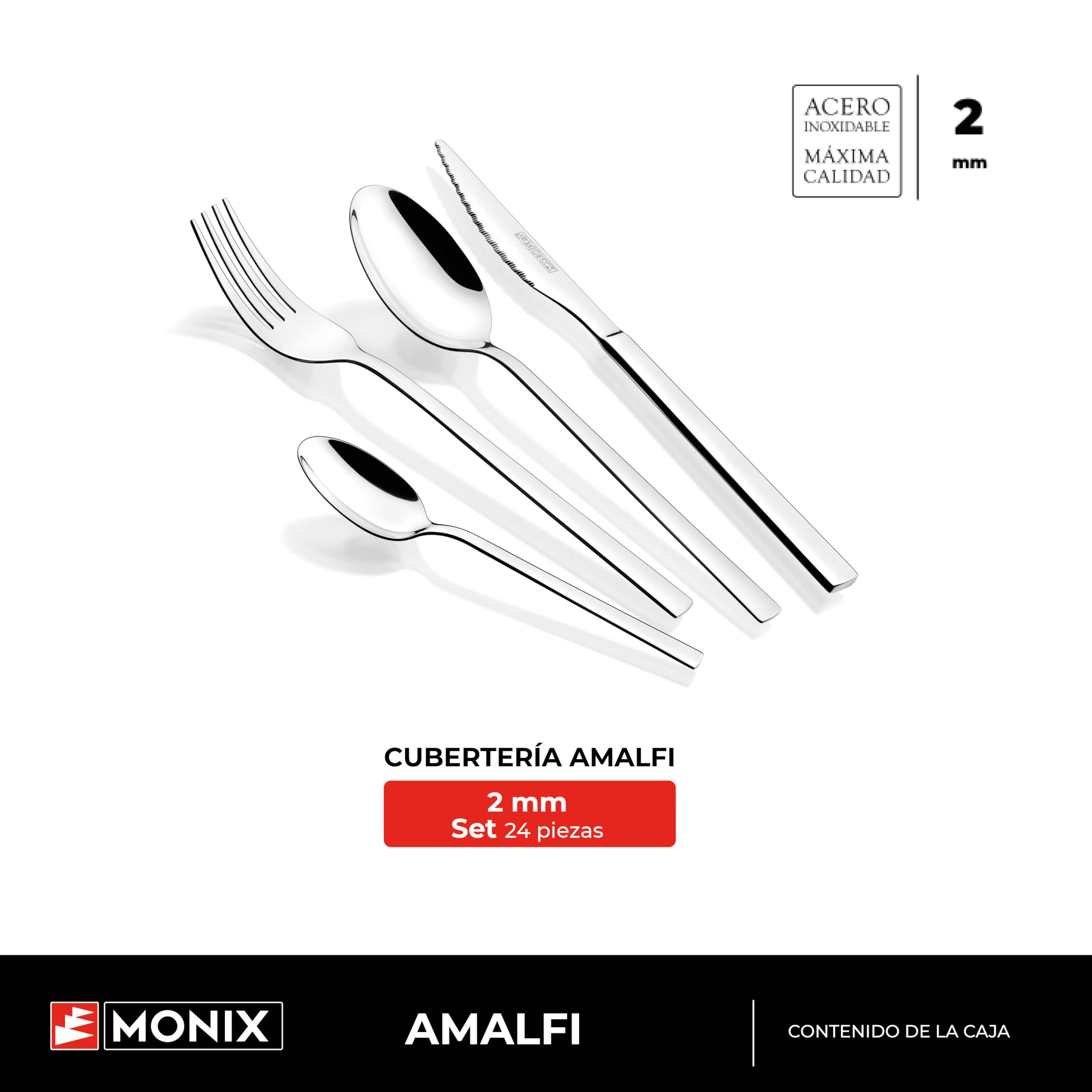MONIX Amalfi | Set 24 piezas de cubiertos con cuchillo chuletero, Acero Inoxidable 18/0, Acabado Pulido, Apto para Lavavajillas
