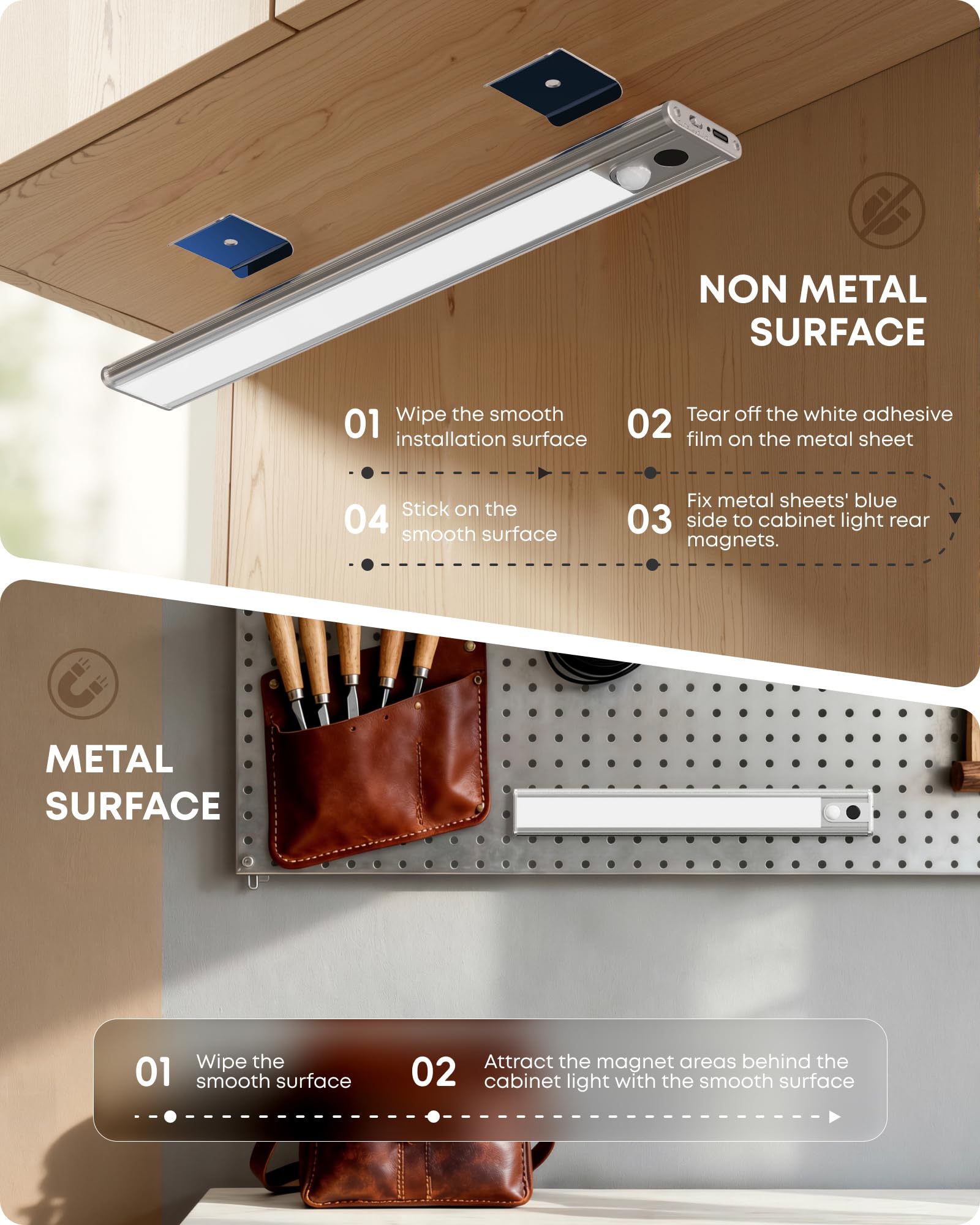 LROLTEF Luce LED Sottopensile Cucina Dimmerabile Lampada Cucina 26CM 6500K | 1800mAh Con sensore di Spostamento Manuale Armadio Sensore di Movimento Magnetica Ricaricabile per Cucina Adesiva 2P Argento