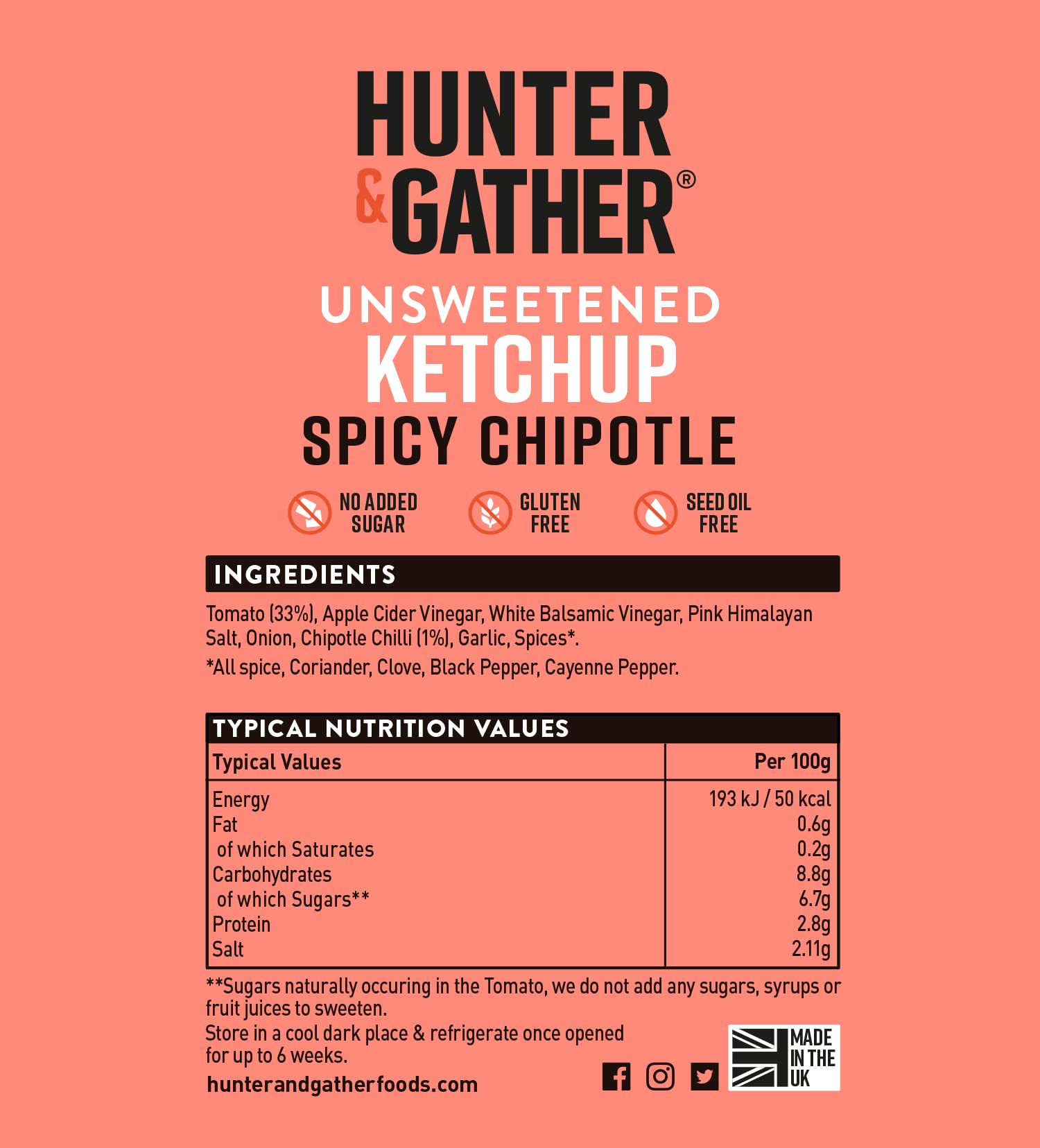 Ketchup Épicée au Chipotle non Sucrée 350g | Céto, Paléo, Faible Teneur en Glucides et Végétalien | Sans Sucre ajouté ni édulcorants
