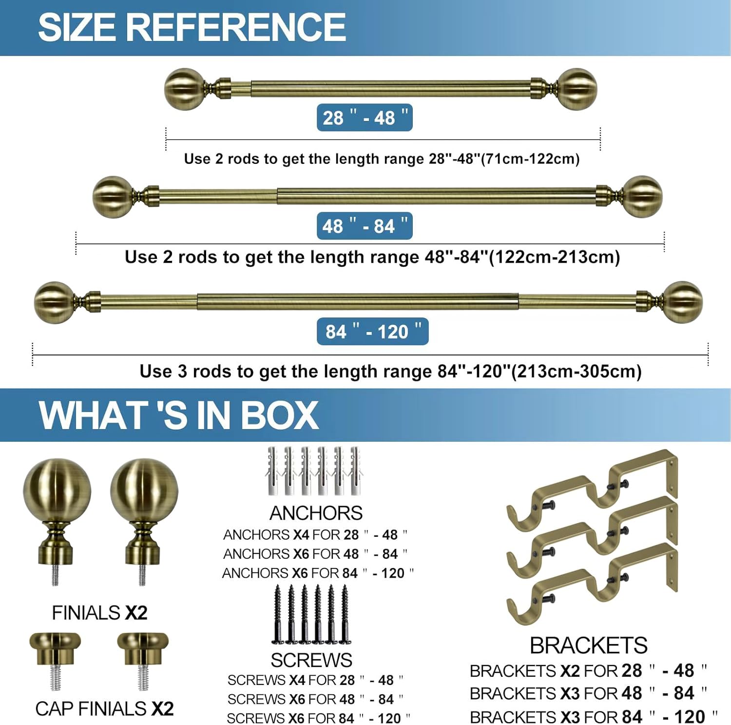 Urbanest Steel Ball Flat Button 1" 5/8" Double Drapery Curtain Window Rod Set - 28" to 48", Antique Brass