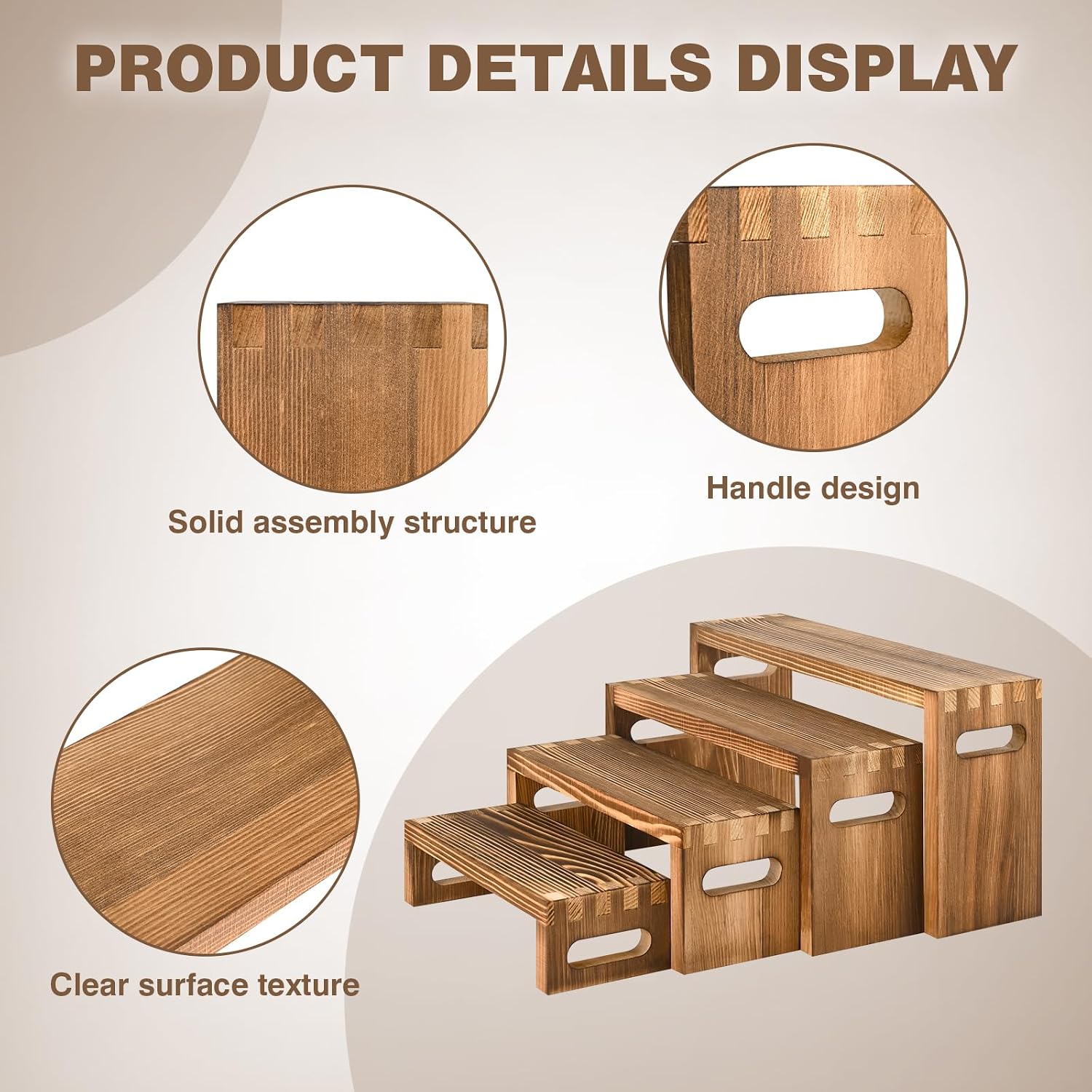 8 Pcs Wood Risers Display Stands, 2 Set Wooden Risers for Table Display, 4 Tier Rectangular Riser Display Stand Wooden for Cupcake, Desserts, Perfume, Collections, Jewelry Showcase image 4