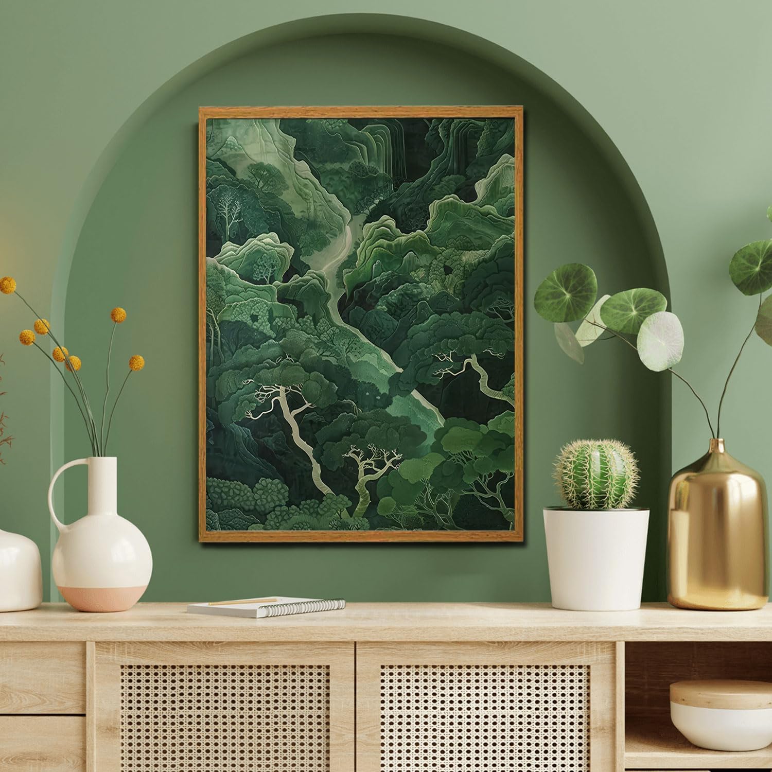 Framed Canvas Painting Wall Art Oriental Forest Landscape Print Poster Green Nature Gallery Picture Home Decor Canvas Landscape Painting Poster 12x16 Inch Ready To Hang