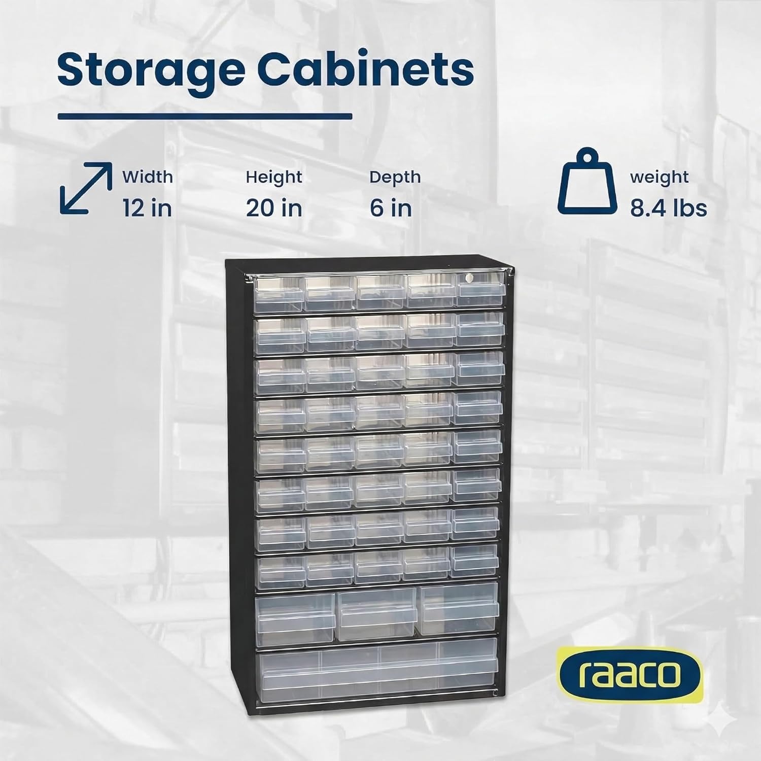 Raaco Steel Storage Cabinet, Tall 44-Drawer, Clear Polypropylene Plastic Drawer – Small Parts Organizer, Screws, Nuts & Bolts, Crafts & Hardware – Tool Cabinet for Workbench & Wall Storage (C11-44)