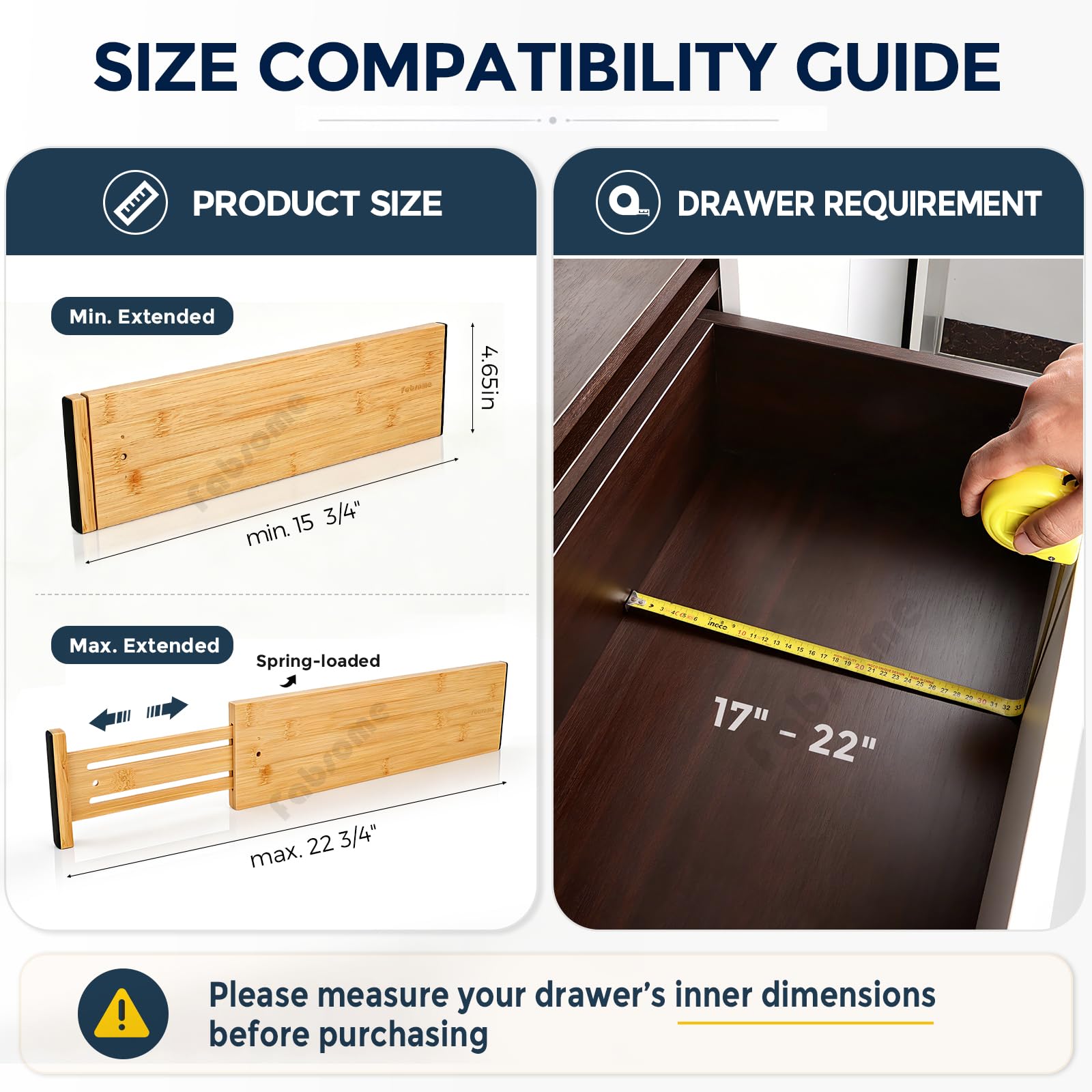 Fabsome Confezione da 6 organizer per cassetti, altezza 1,65 cm, regolabili da 43 a 55 cm, divisori per cassetti in bambù per abbigliamento per bambini, separatori in legno per cassettiera,