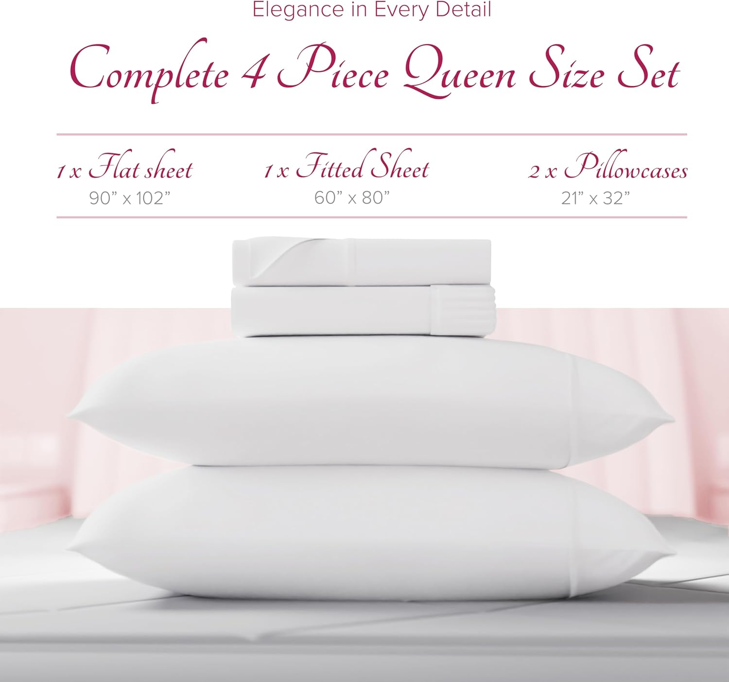 Carressa Linen 100% Egyptian Cotton Queen Sheet Set - Luxury 1200 High Thread Count Egyptian Cotton Sheets Queen Size (4 PC, White), Silky Soft, Cooling, 17" Deep Pocket Sateen Weave Hotel Bedding - Image 3