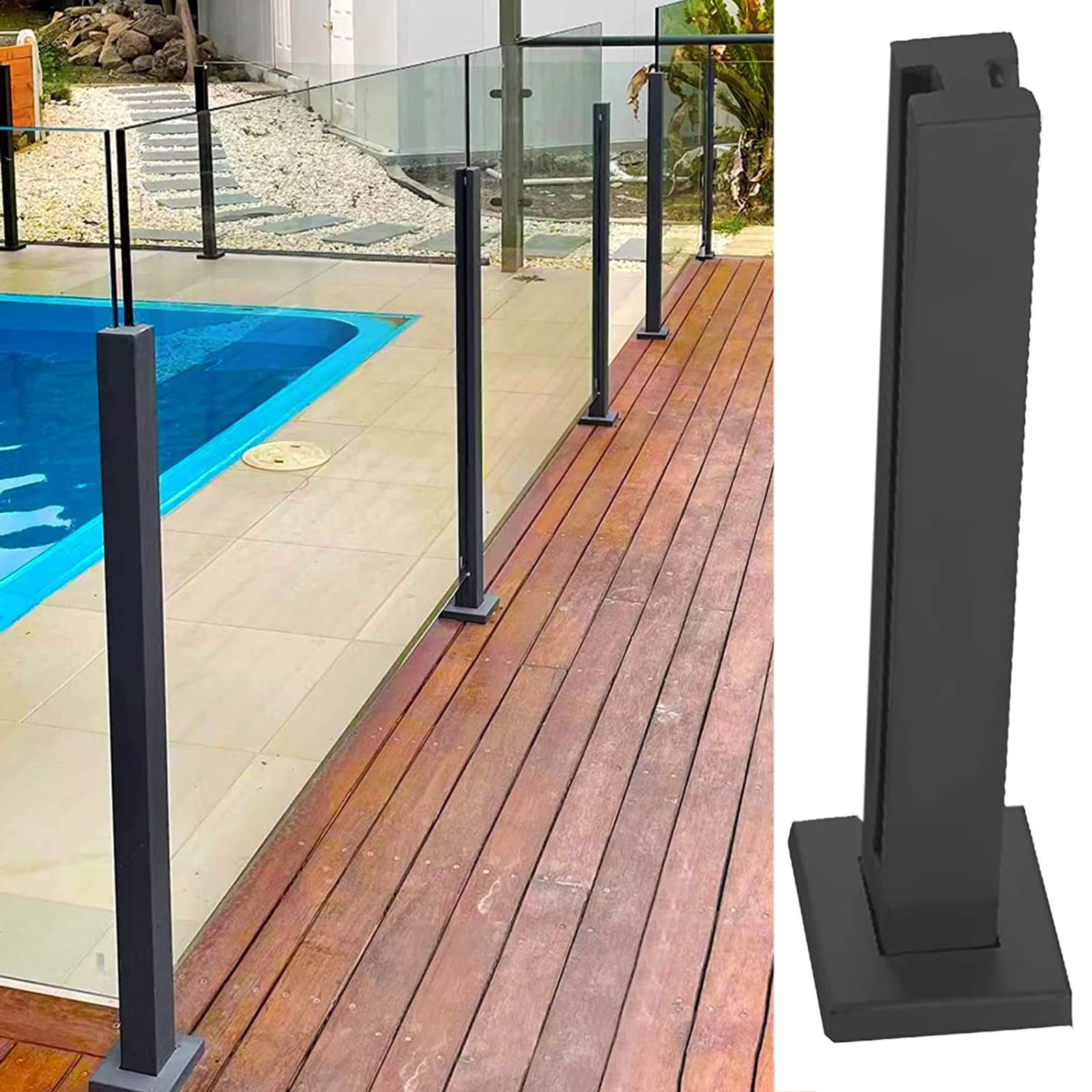 Poteau de garde-corps en verre noir pour clôture de piscine et terrasse