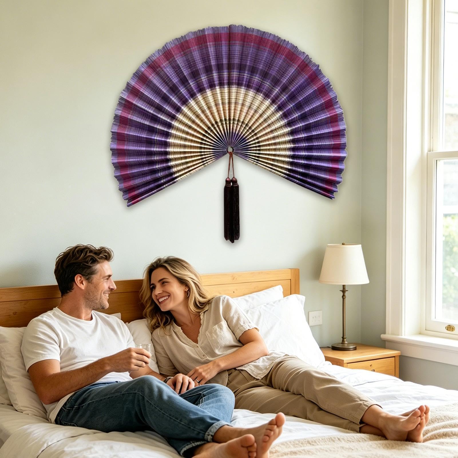Fan Wall Art - 102 cm wiszące składane ozdoby, dekoracyjny wentylator ścienny z frędzlami - do salonu, sypialni, nad łóżko, akademik, biuro, hotel, restauracja