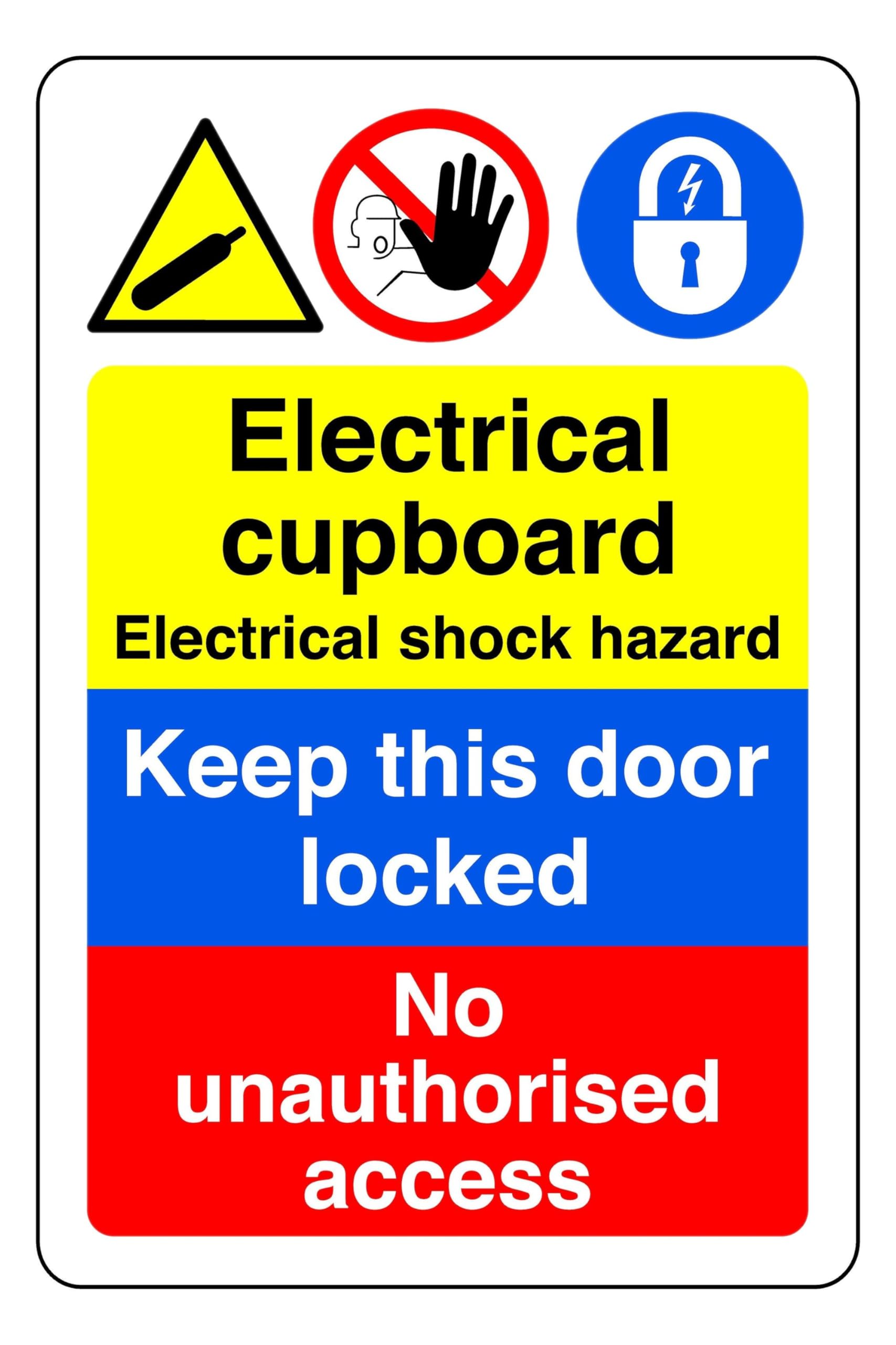 Electrical Cupboard Electrical Shock Hazard Keep This Door Locked - safety sign - 1.2mm Rigid plastic for indoor/outdoor usage (300mm x 200mm) Viewing Distance within 7m.