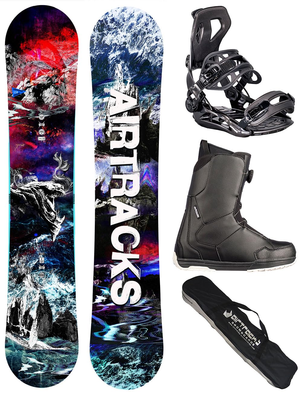 AIRTRACKS Snowboard Set Pack Planche Fantasy Carbon Zero Rocker Wide + Fixations Master + Chaussures + SB Sac / 148 153 158 cm