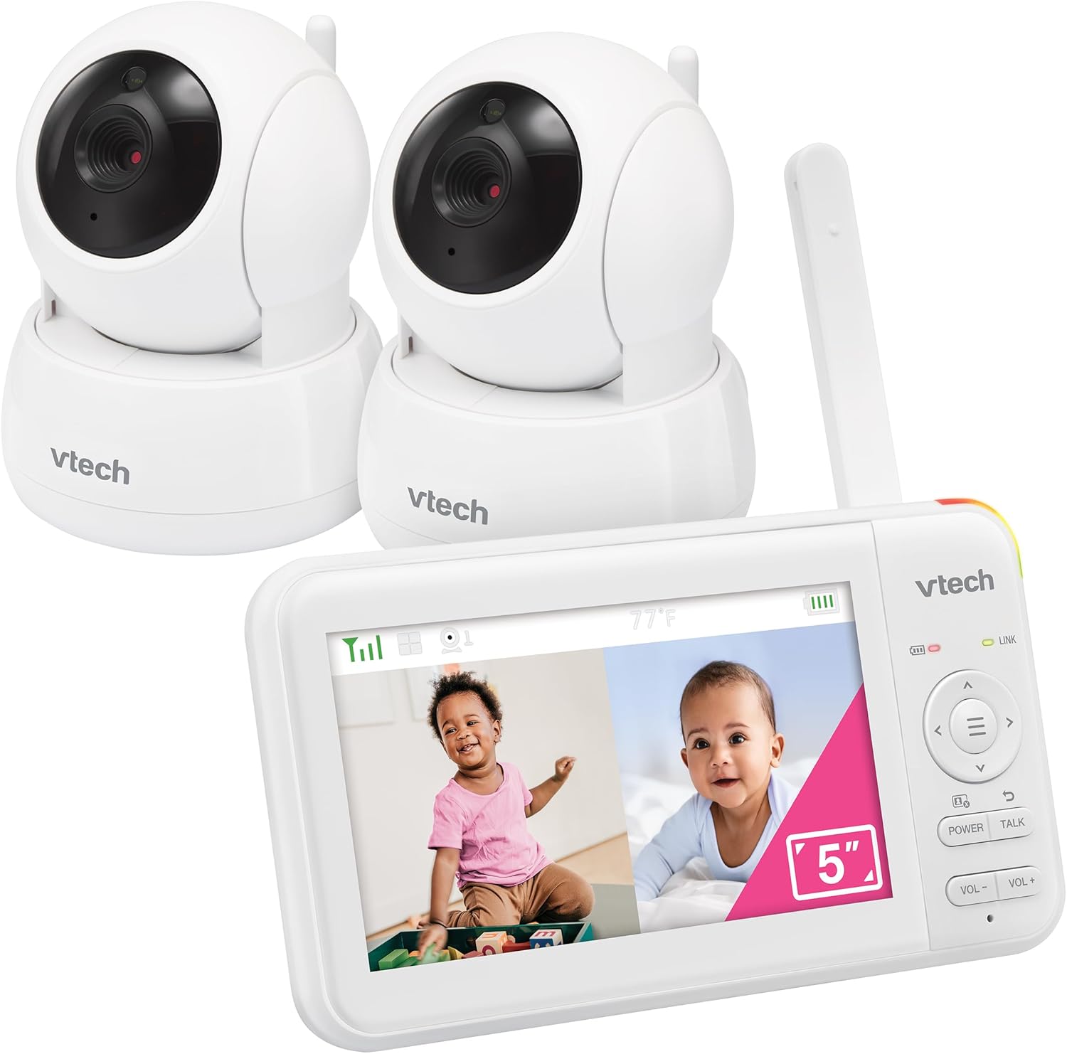VTech 924-2W Video Baby Monitor with 2 Cameras, 5" LCD Screen, No WiFi, Pan Tilt Zoom, Up to 17Hrs Video & 31Hrs Audio Battery, 1000ft Range, Night Vision, Lullabies, Temperature Sensor, 2-Way Talk