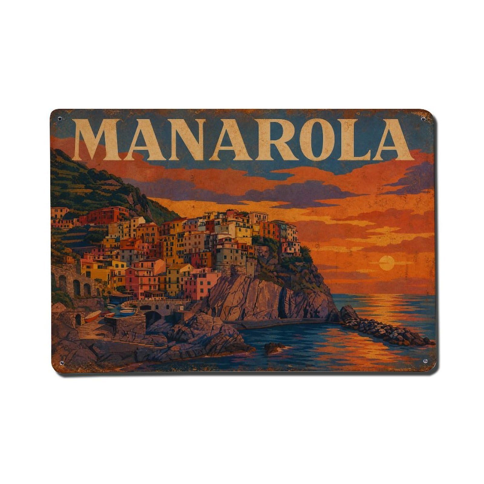 Vintage Travel Manarola Mediterranean Sunset Evening Sky Metal Tin Sign