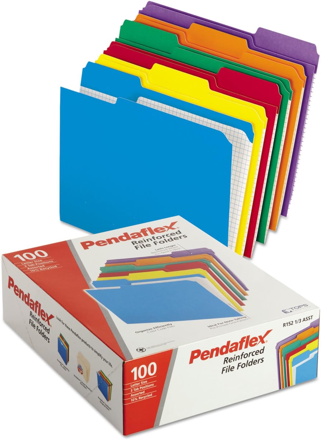 Pendaflex Color File Folders with Interior Grid, Letter Size, Assorted Colors, 1/3 Cut, 100/BX (R152 1/3 ASST)