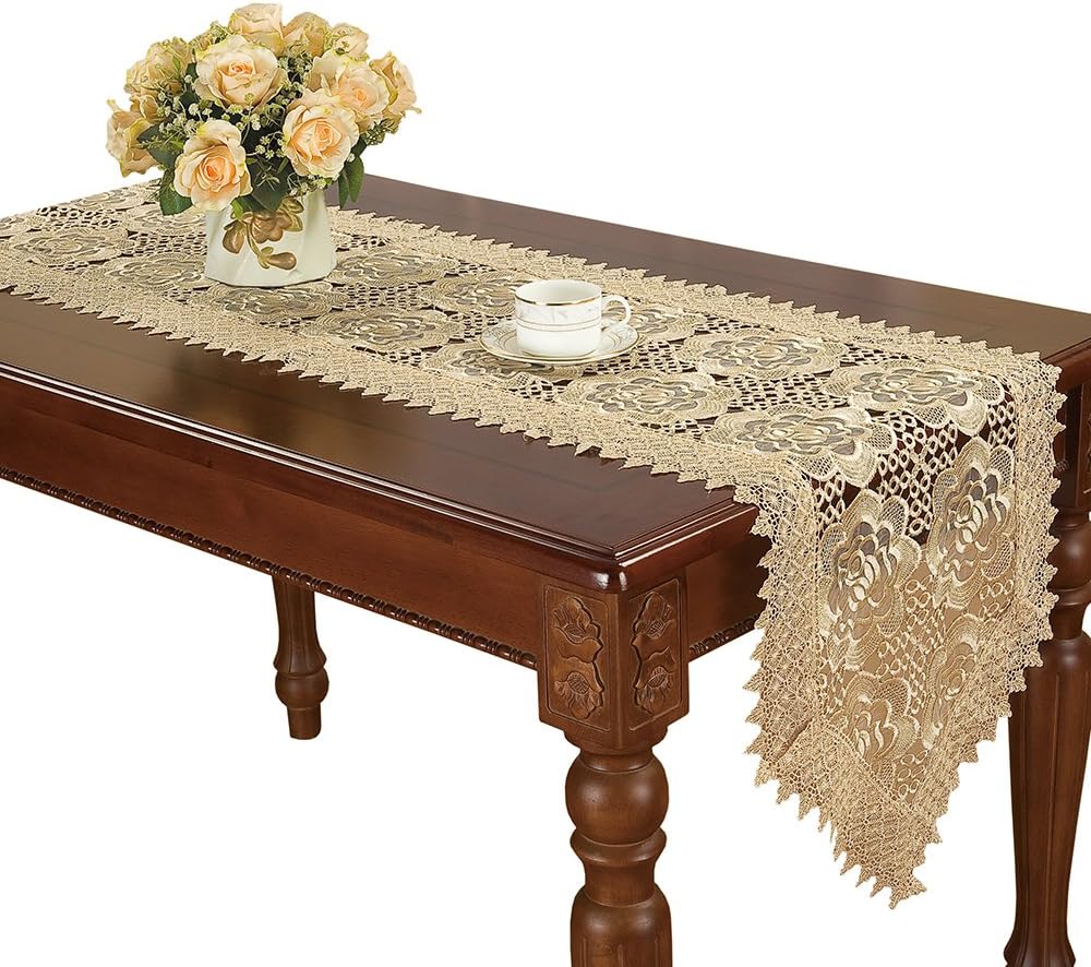 Simhomsen Beige Lace Table Runners Dresser Scarves Embroidered Rose Flower 16 × 60 Inch