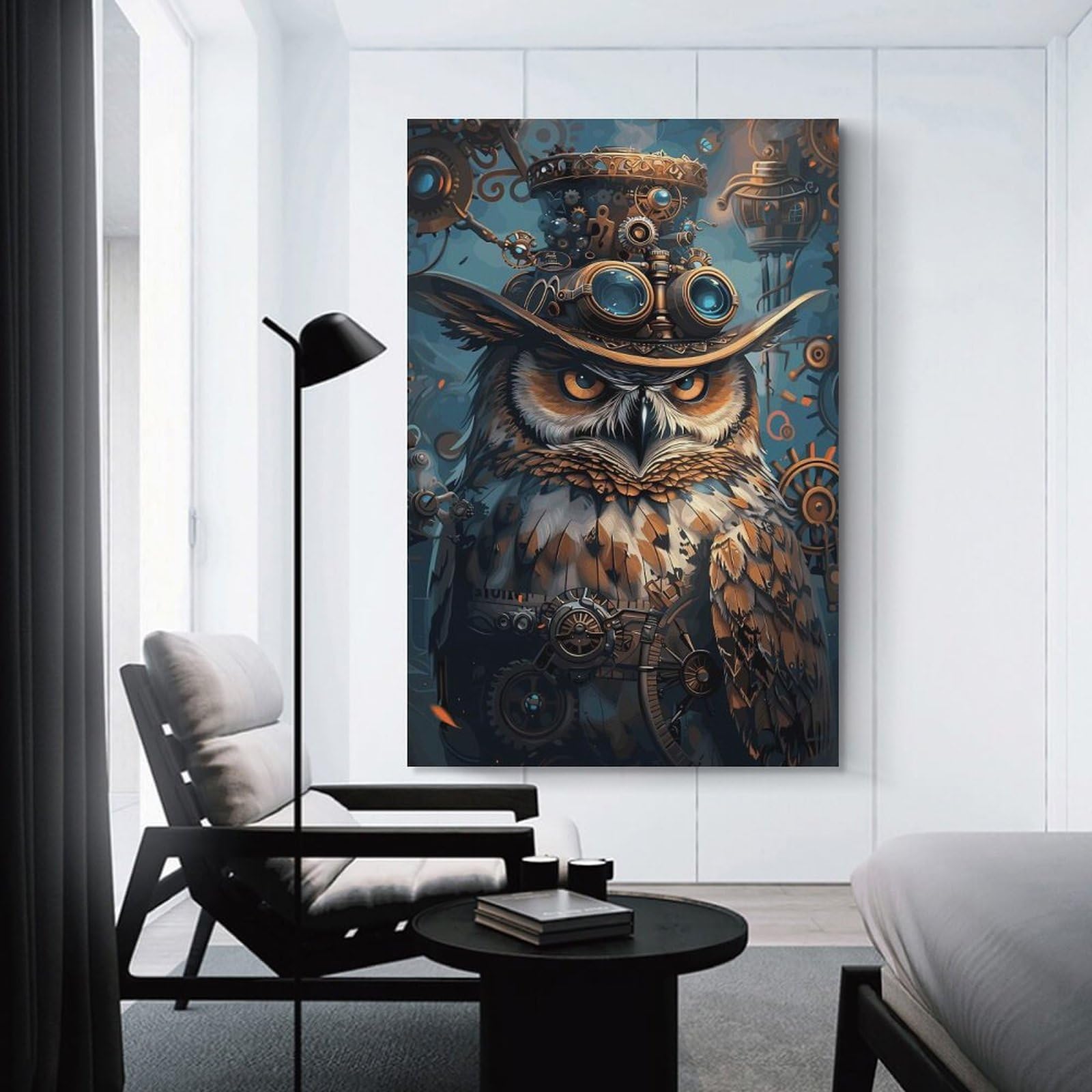 Junmoney Animal Steampunk Owl Canvas Art Print, 24x36inch(60x90cm), for Home Walls, Creative Rooms Or Shared Spaces, Decorative Artwork with Broad Appeal