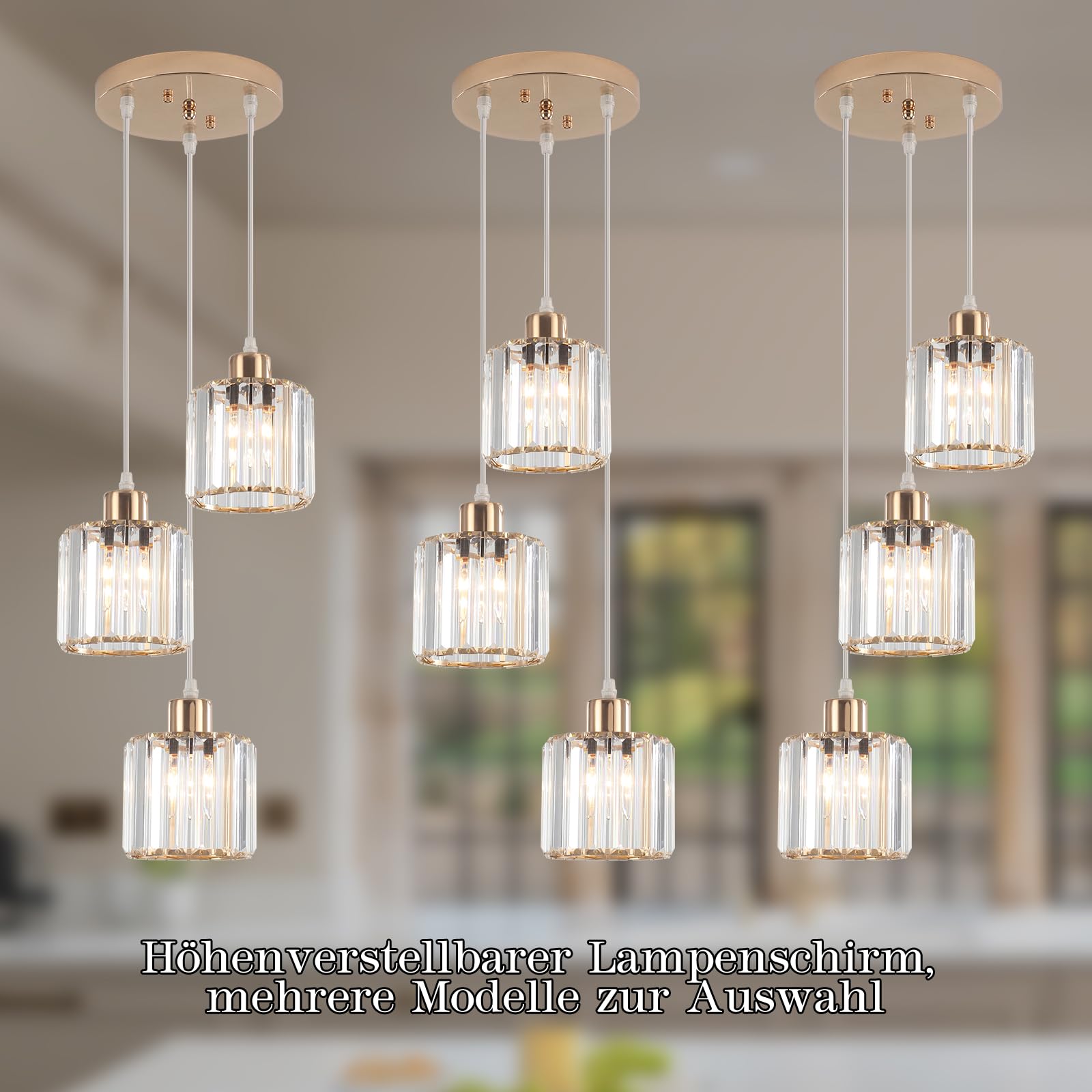 Pendelleuchte Esstisch Pendellampe Kristall, 3 Flammig Gold Kronleuchter Modern Hängelampe Kristall Pendelleuchte Höhenverstellbar E27 Fassung Hängeleuchte für Wohnzimmer Küche Schlafzimmer Flur