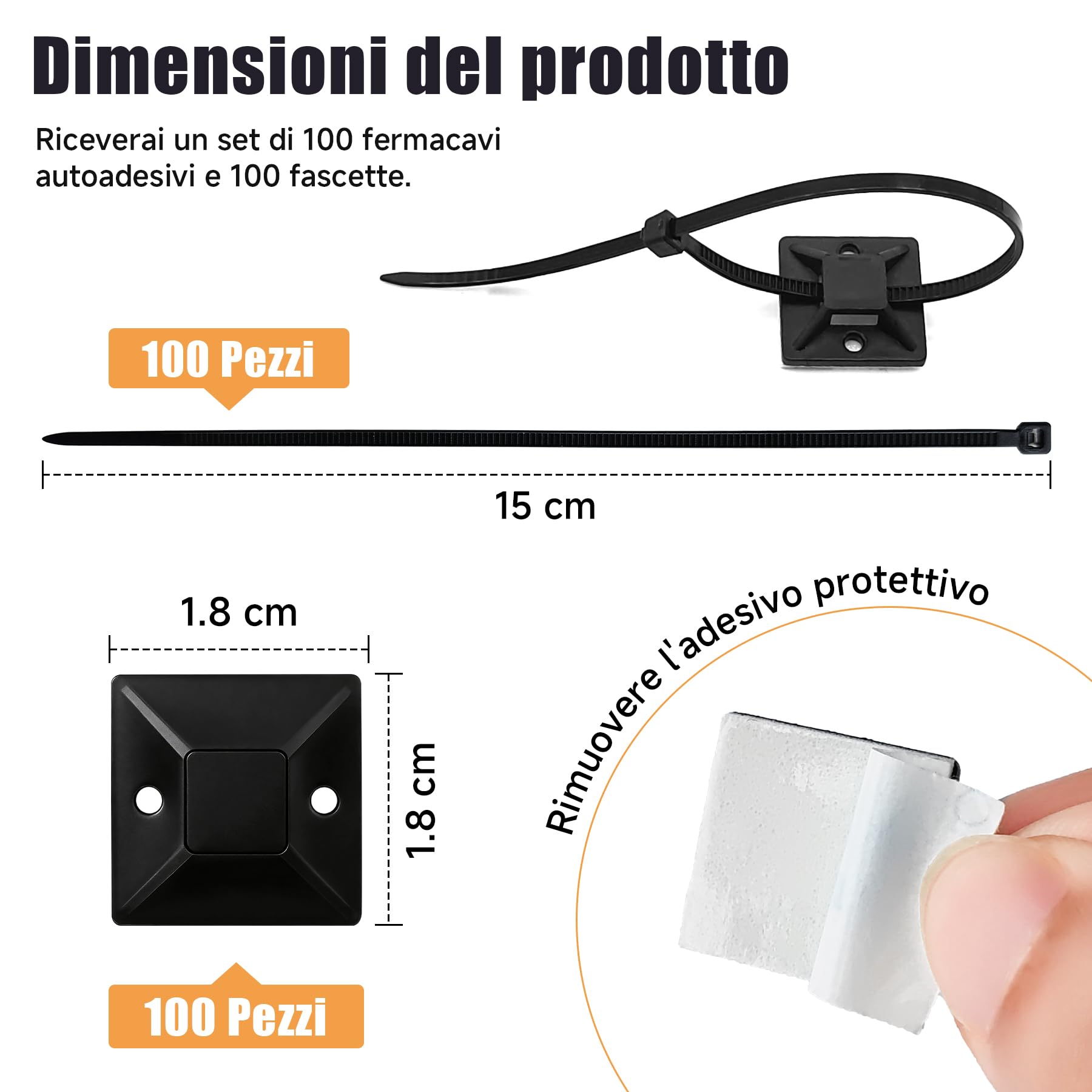 100 Pezzi Supporti Autoadesivi Neri per Fascette con 100 Fascette, Basi Fermacavi Adesive Extra Forte per Cable Management PC, Gaming Setup e TV, 18x18mm, Nero