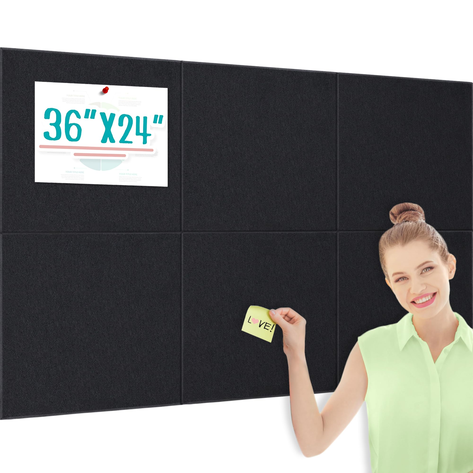 Large Cork Board Alternative Bulletin Board 36"x24", 6 Pack Felt Cork Board Tiles for Office Wall with 50 Pushpins, Removable Pin Board Notice Boards for Office School Home