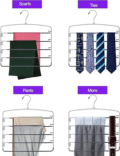 Miniatura 5 de Paquete de 3 perchas antideslizantes que ahorran espacio, múltiples perchas para pantalones, organizadores de brazo oscilante y perchas de