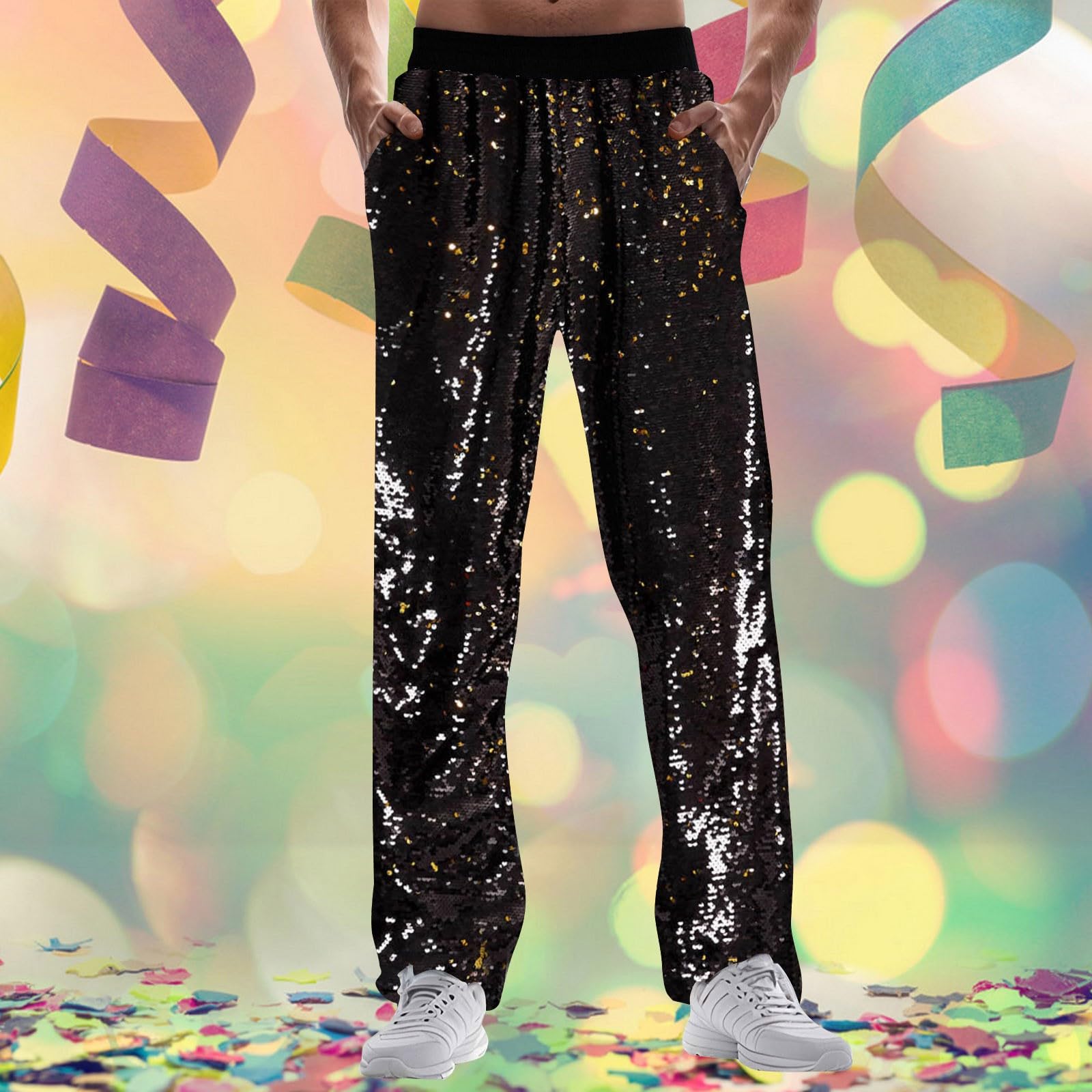Pantalon de survêtement à paillettes métallisé brillant pour homme années 70/80 avec jambes larges, jambes droites, club, fête, festival, bal de fin d'année, streetwear