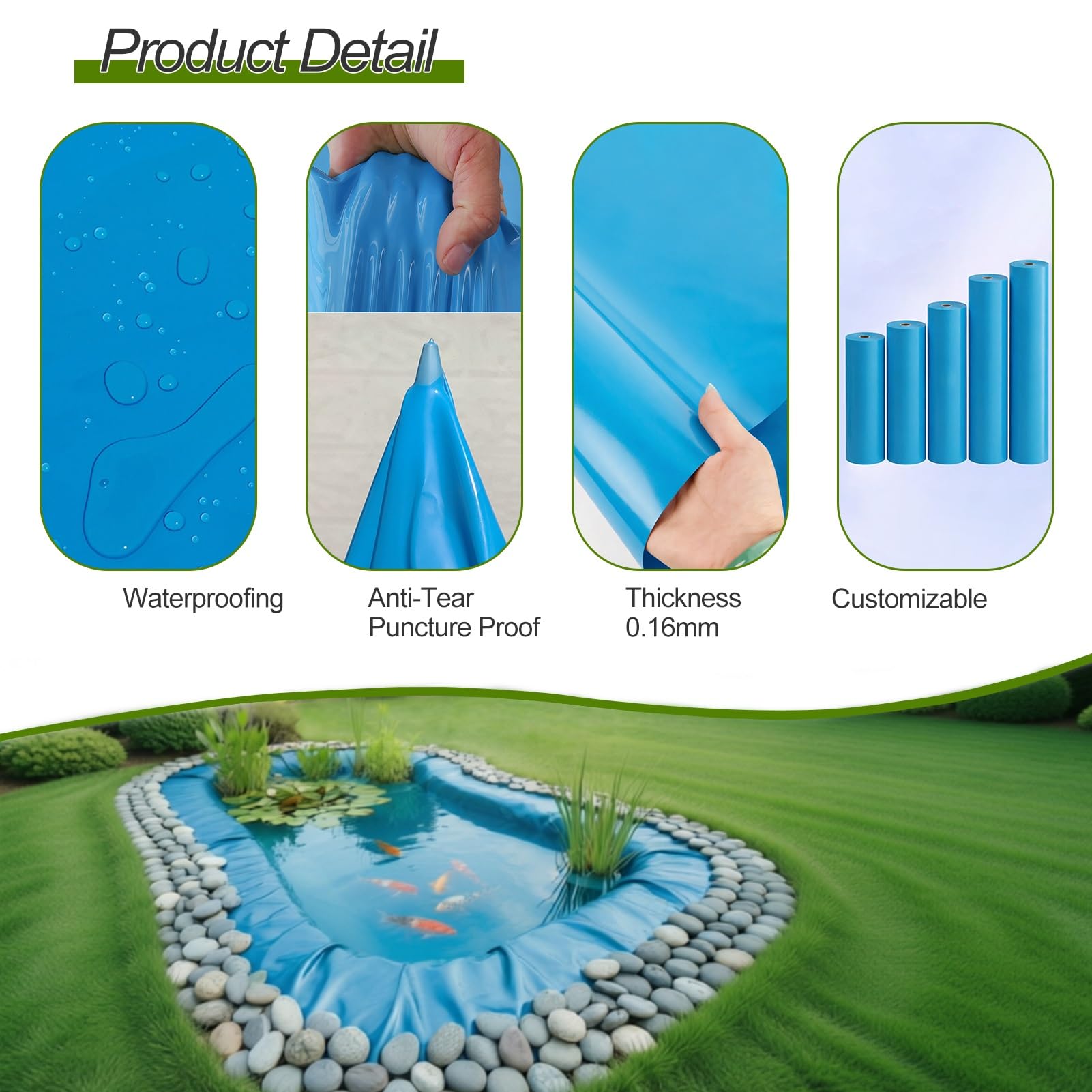 Rivestimento per laghetto in HDPE Blu Easy-Cut, Spessore 6 Mil - Membrana Impermeabile Flessibile per Giardini Acquatici Fai da Te, laghetti per Koi e basi per cascate | 4x12m