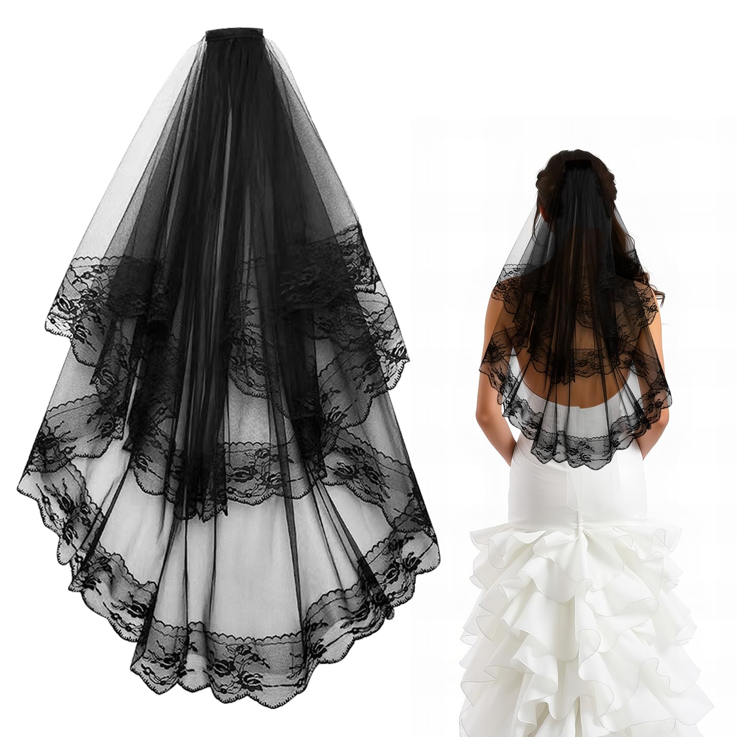 Black Long Lace Wedding Dress Halloween Bridal Veil Gothic Veil For Women 2 Ply Embroidered Veil With Comb