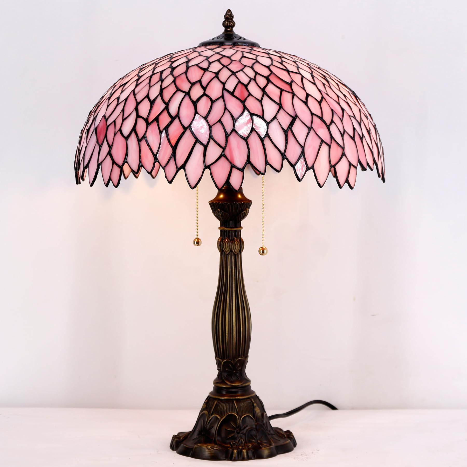 WERFACTORY Tiffany Lamp Stained Glass Style Bedside Table Lamp Pink Wisteria Desk Reading Light Resin Base 16X16X24 Inches — view 2