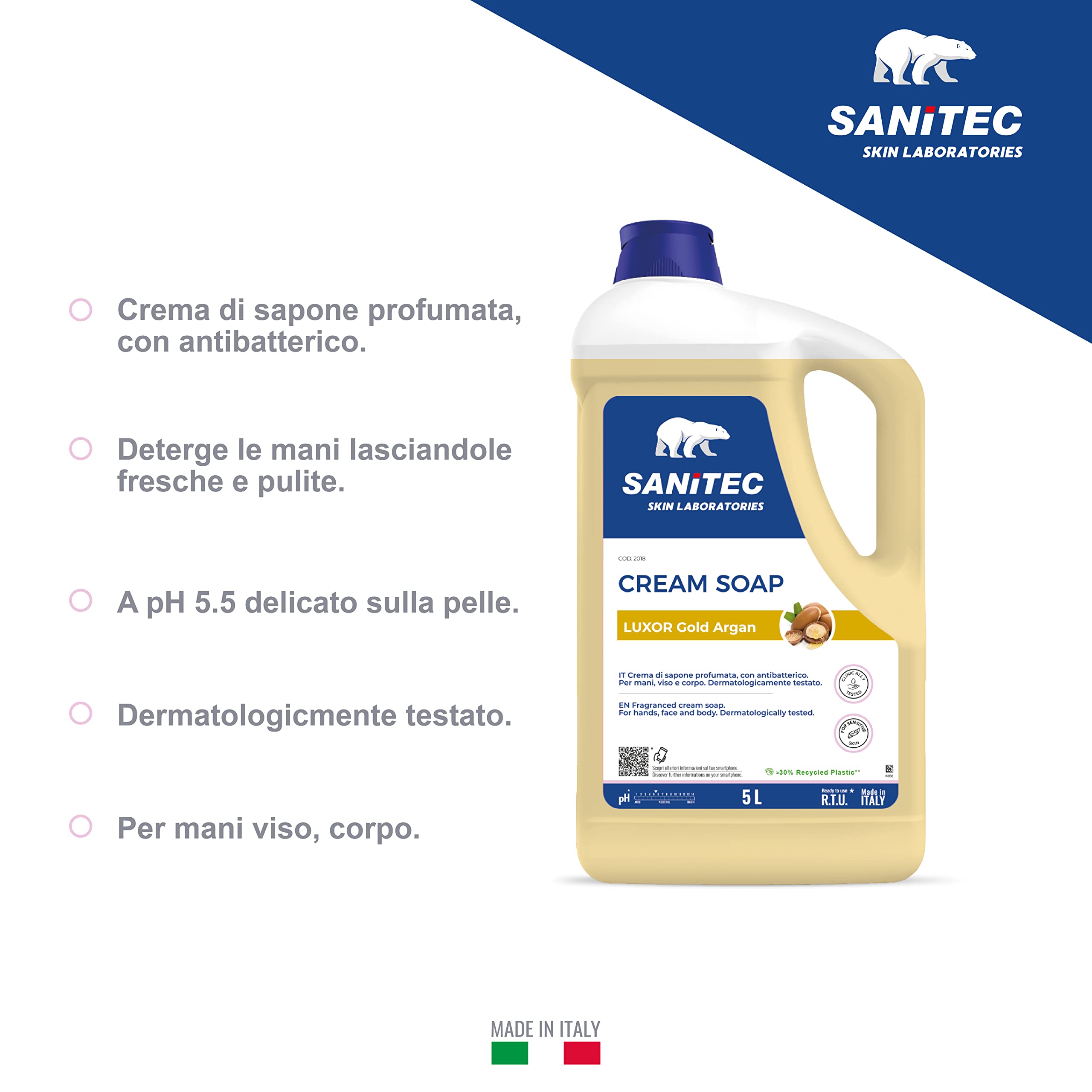 Sanitec, Luxor Gold Argan, Crema di Sapone Profumata Idratante con Glicerina e Antibatterico, Deterge le Mani Lasciandole Fresche e Pulite, pH 5,5, Dermatologicamente Testato, 5L 5000ml