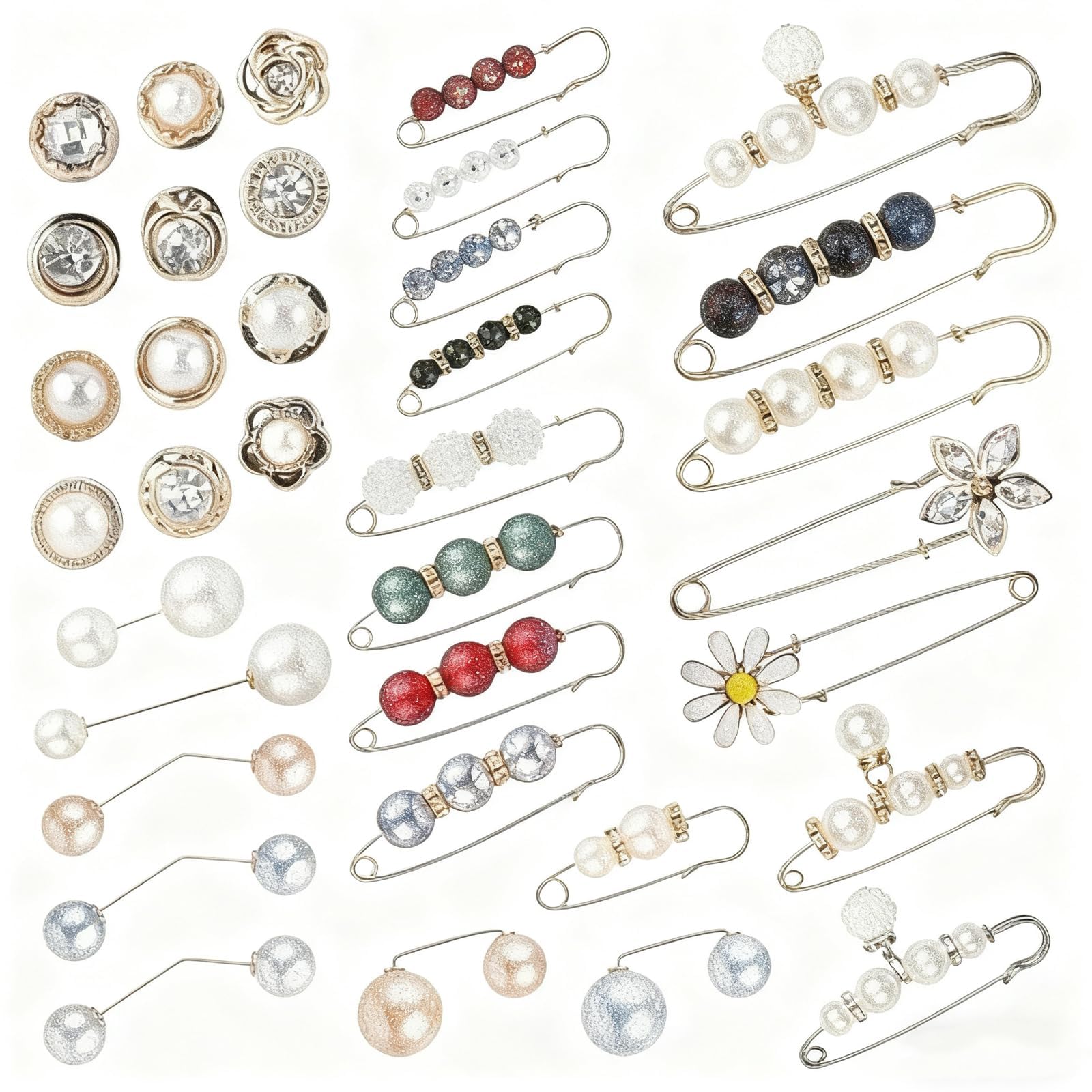 Dryxog Women's White; Gold 35Pcs Faux Pearl Brooch Pin Set, Waist Tightener Clips, Safety Pins For Clothes, Black Safety Pins, Trouser Clips For Long Trousers, Elegant Decorative For Dresses Shawls Cardigans
